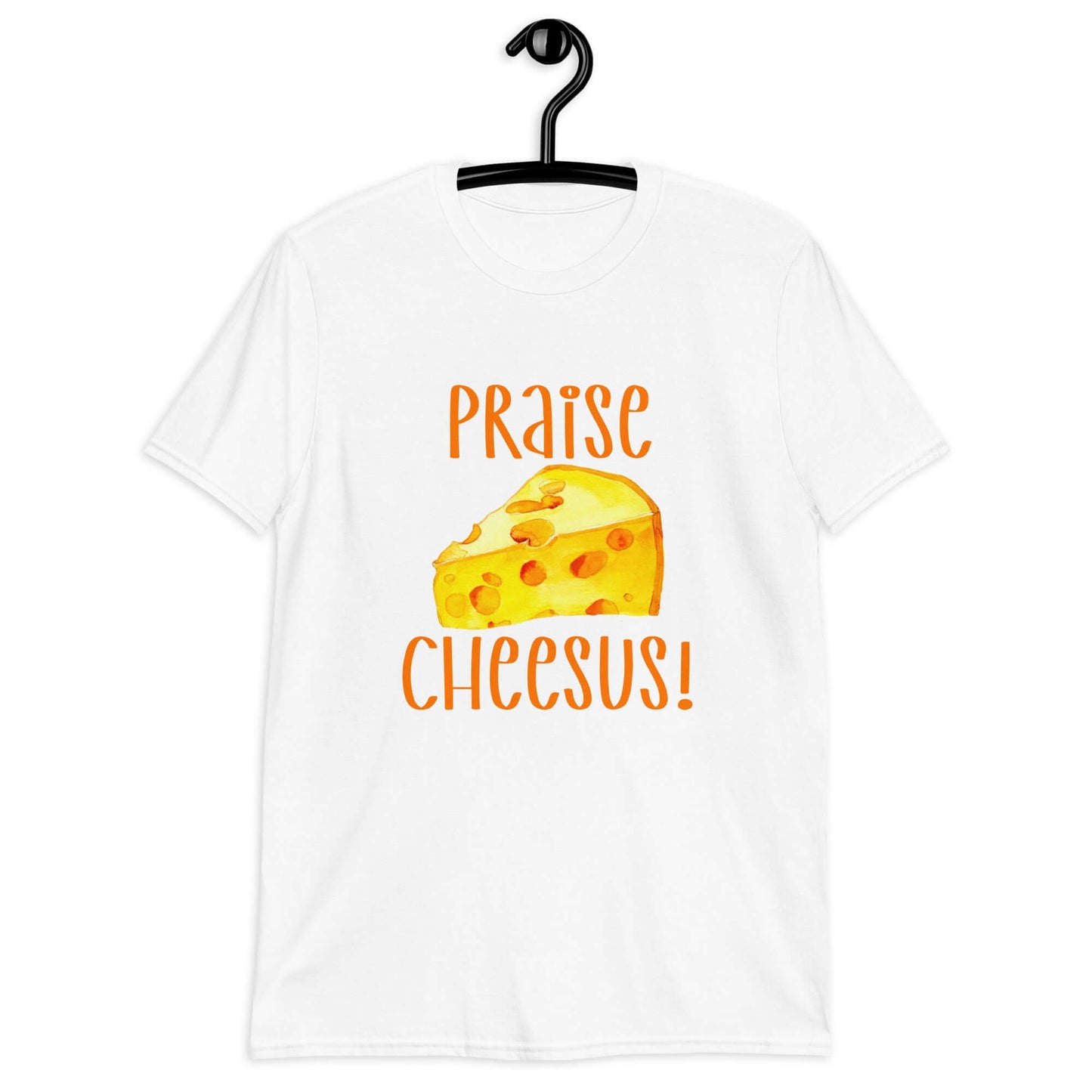 White t-shirt with funny graphics of a piece of swiss cheese and the words Praise Cheesus printed on the front of the hoodie in yellow and orange.