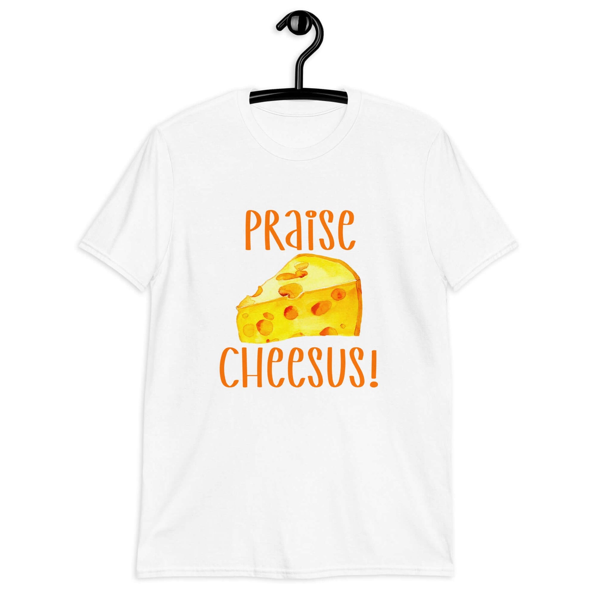 White t-shirt with funny graphics of a piece of swiss cheese and the words Praise Cheesus printed on the front of the hoodie in yellow and orange.