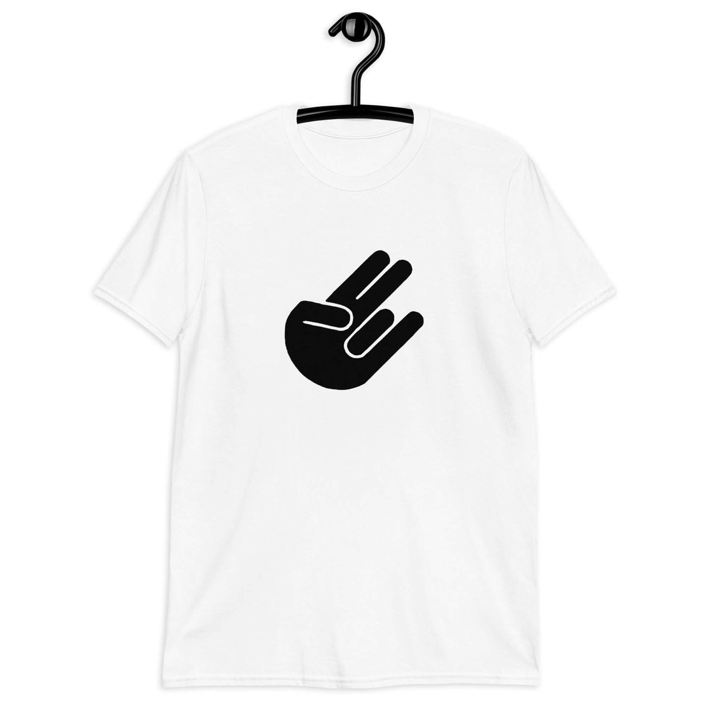 White t-shirt with the universal symbol for The Shocker printed on the front.