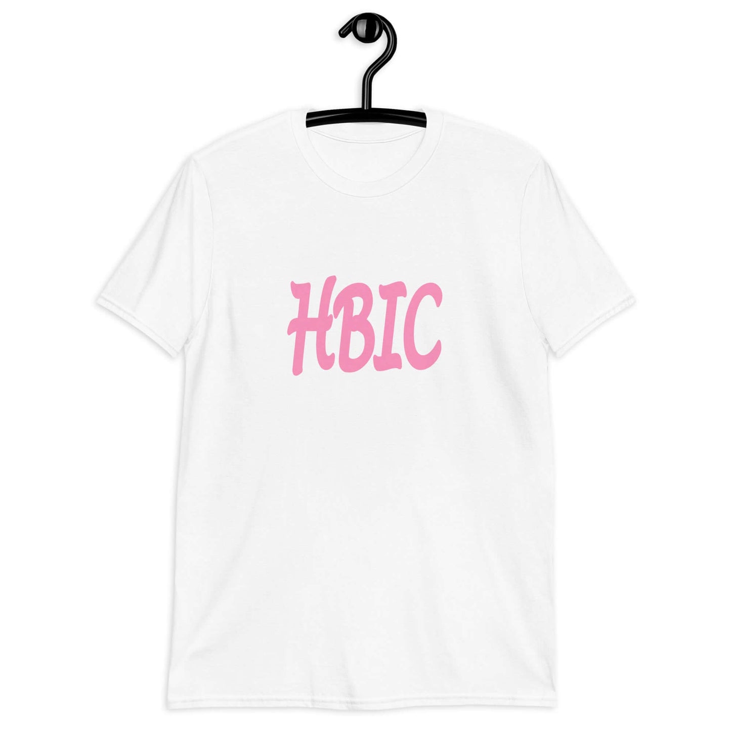 White t-shirt with the acronym HBIC printed on the front in pink text.