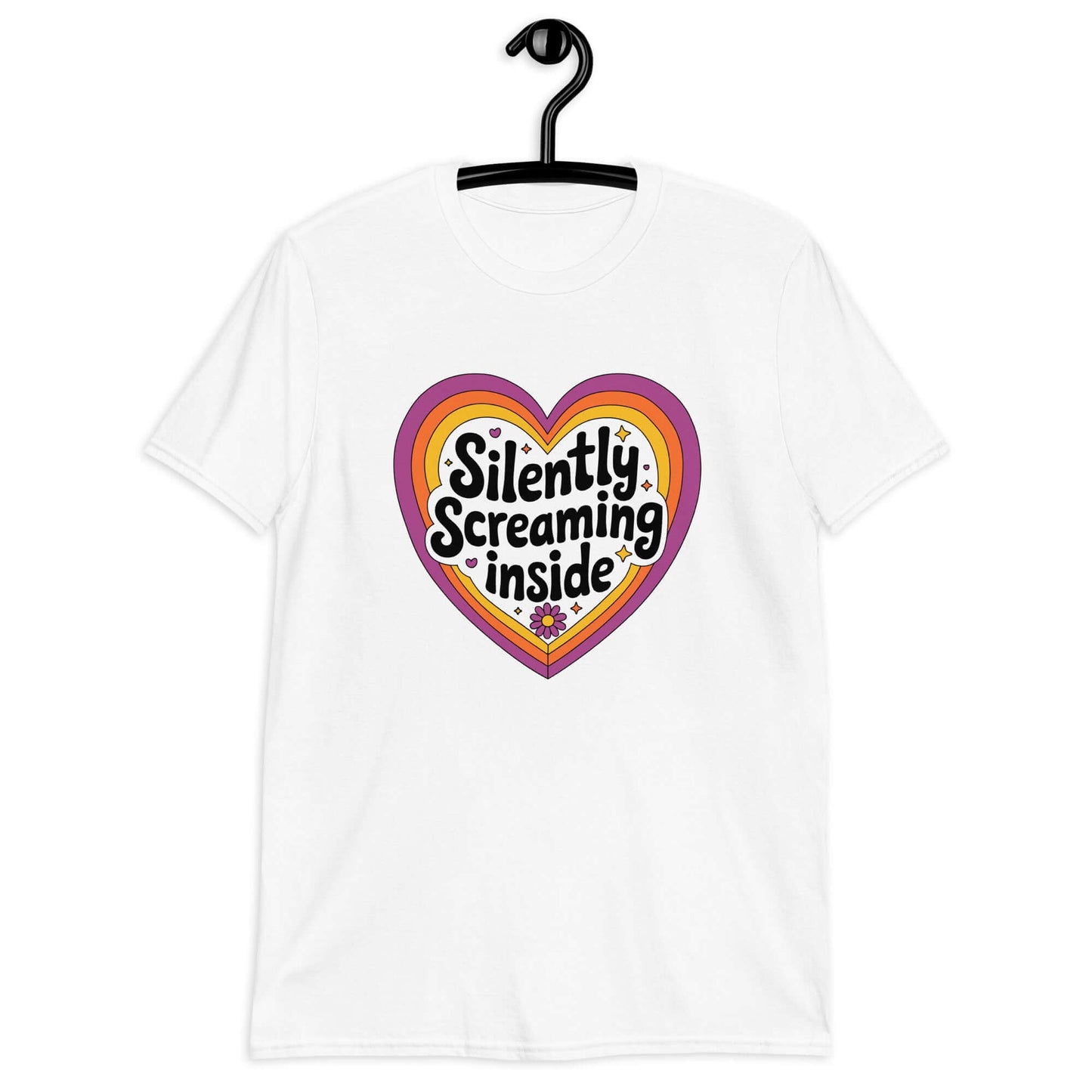 White t-shirt with a graphic that says Silently screaming inside. The graphics are printed on the front of the shirt.