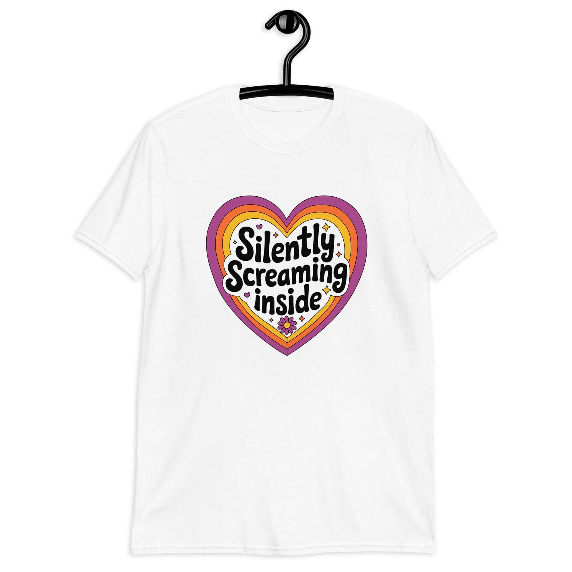 White t-shirt with a graphic that says Silently screaming inside. The graphics are printed on the front of the shirt.