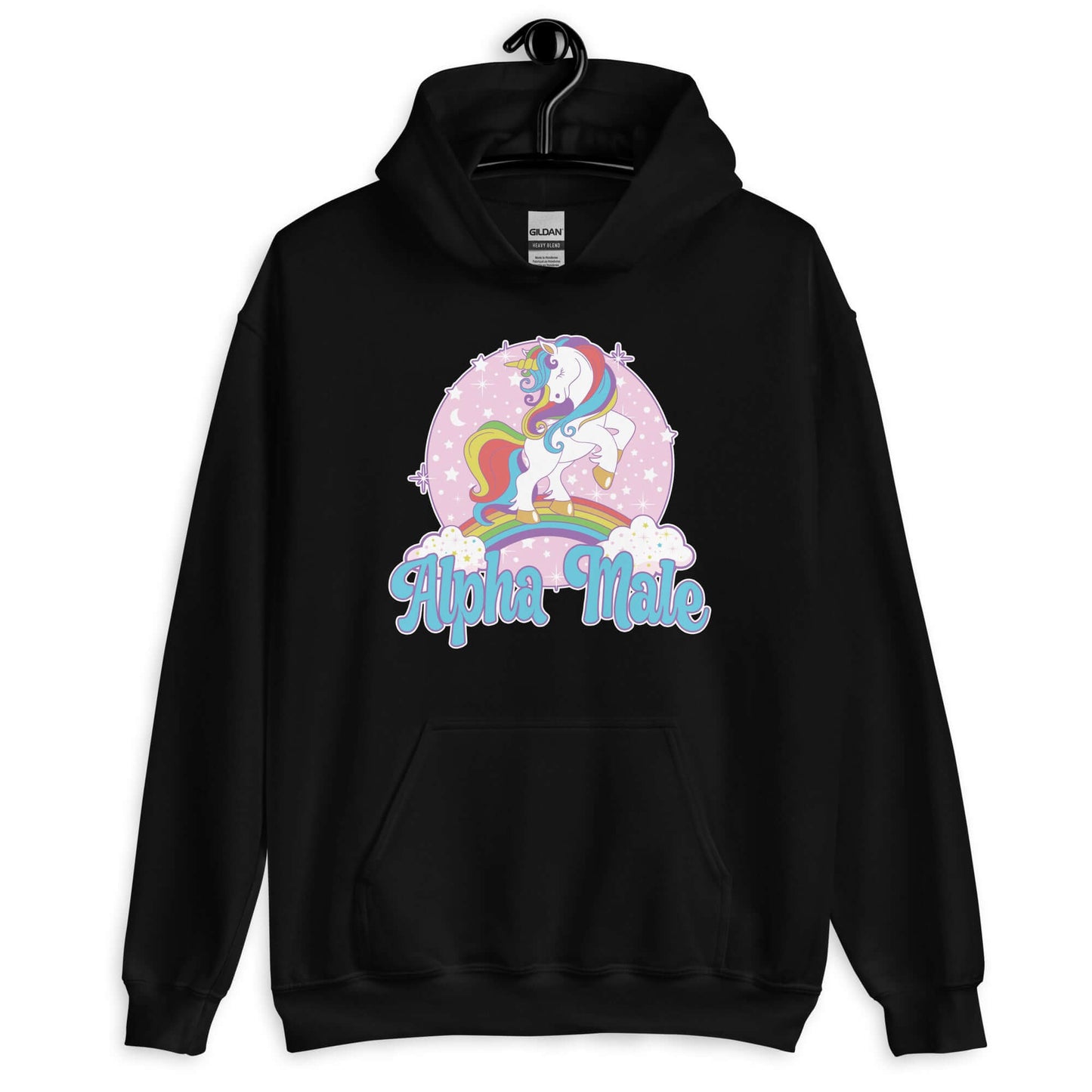 Black hoodie sweatshirt with funny pastel rainbow unicorn graphics and the words Alpha Male printed on the front.