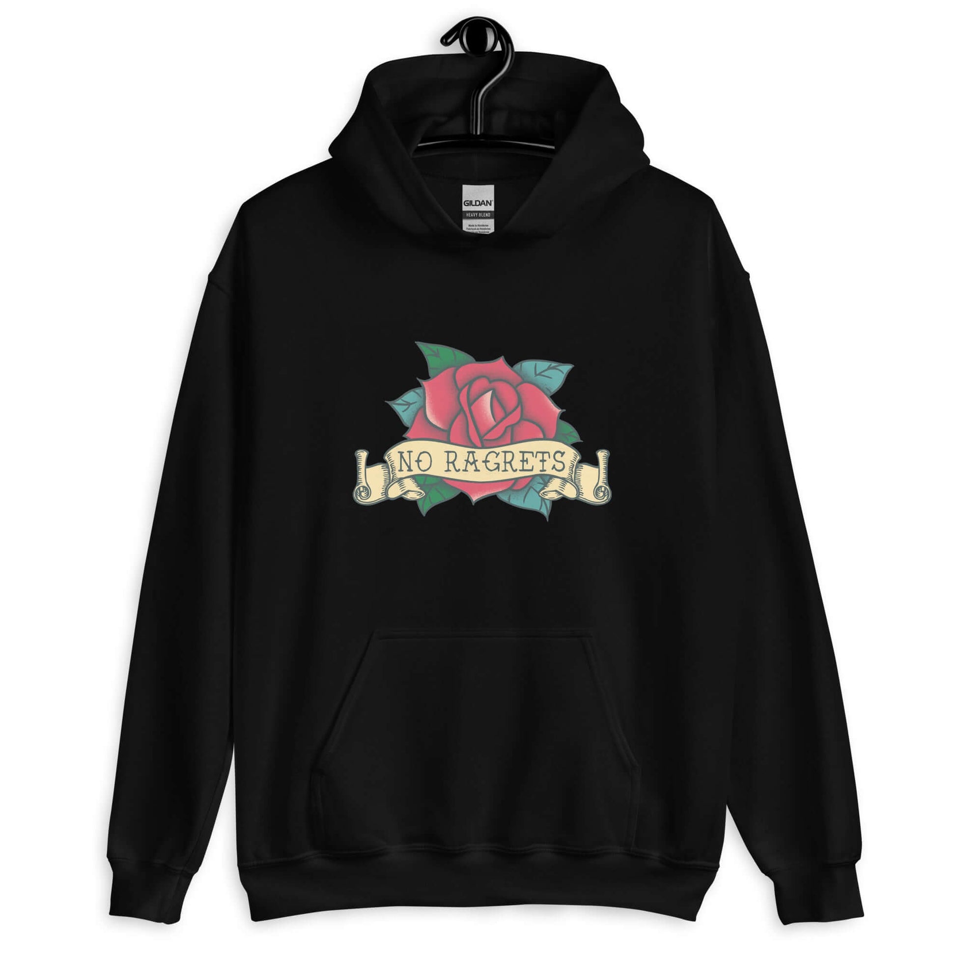 Black hoodie sweatshirt with funny image of an old school rose flash tattoo with the words no ragrets intentionally misspelled.