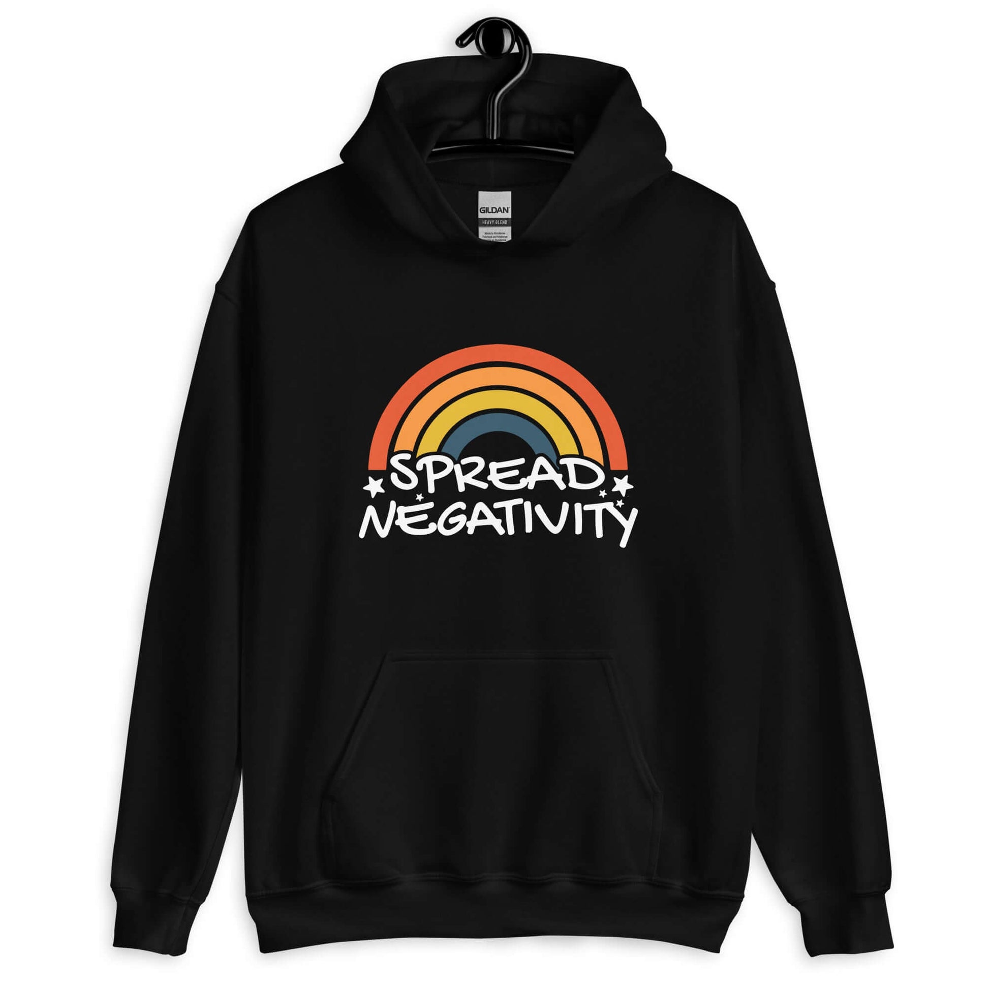 Black hoodie sweatshirt with a graphic of a rainbow and the words Spread negativity printed on the front.