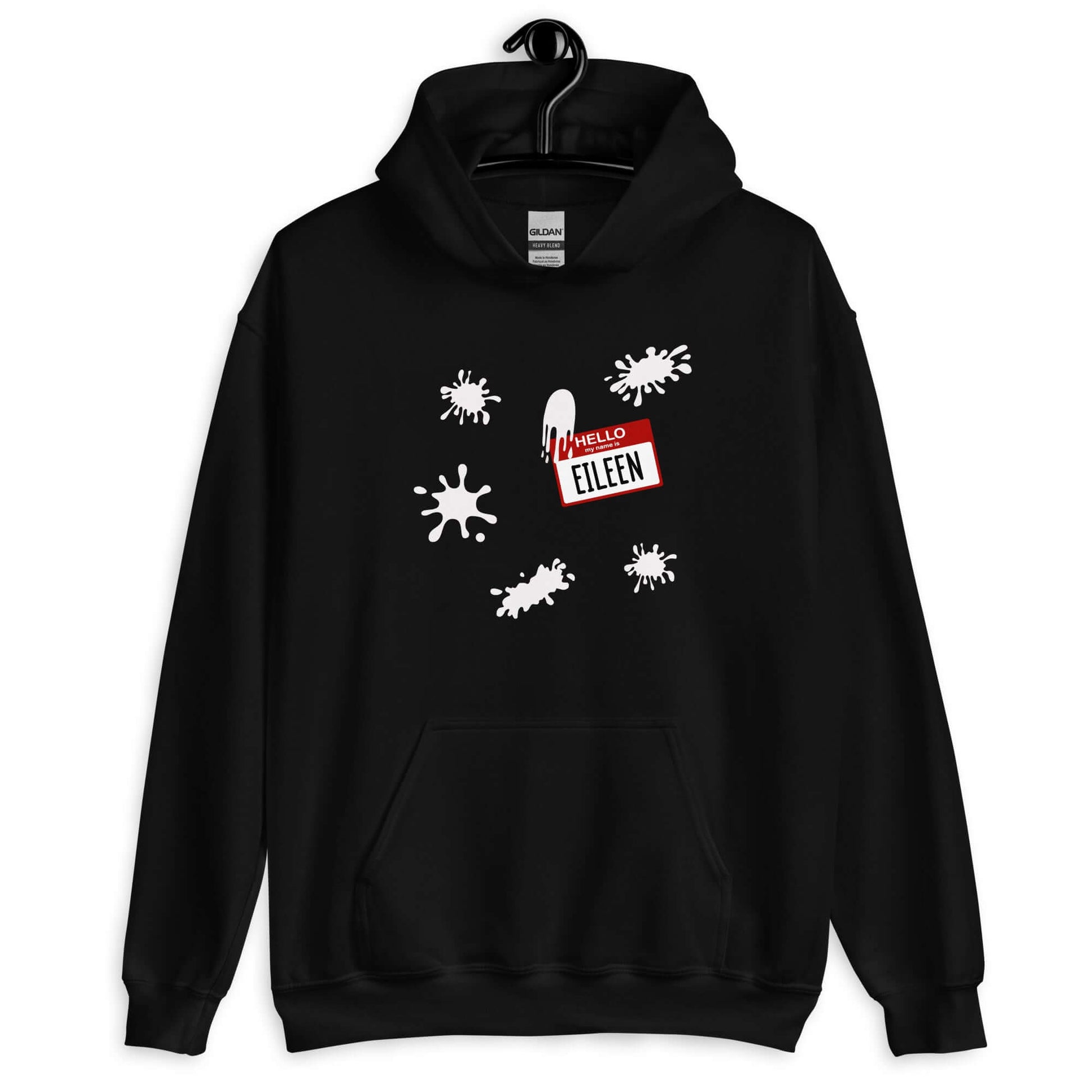 Black hoodie sweatshirt with Eileen name tag and white splatters printed on the front.