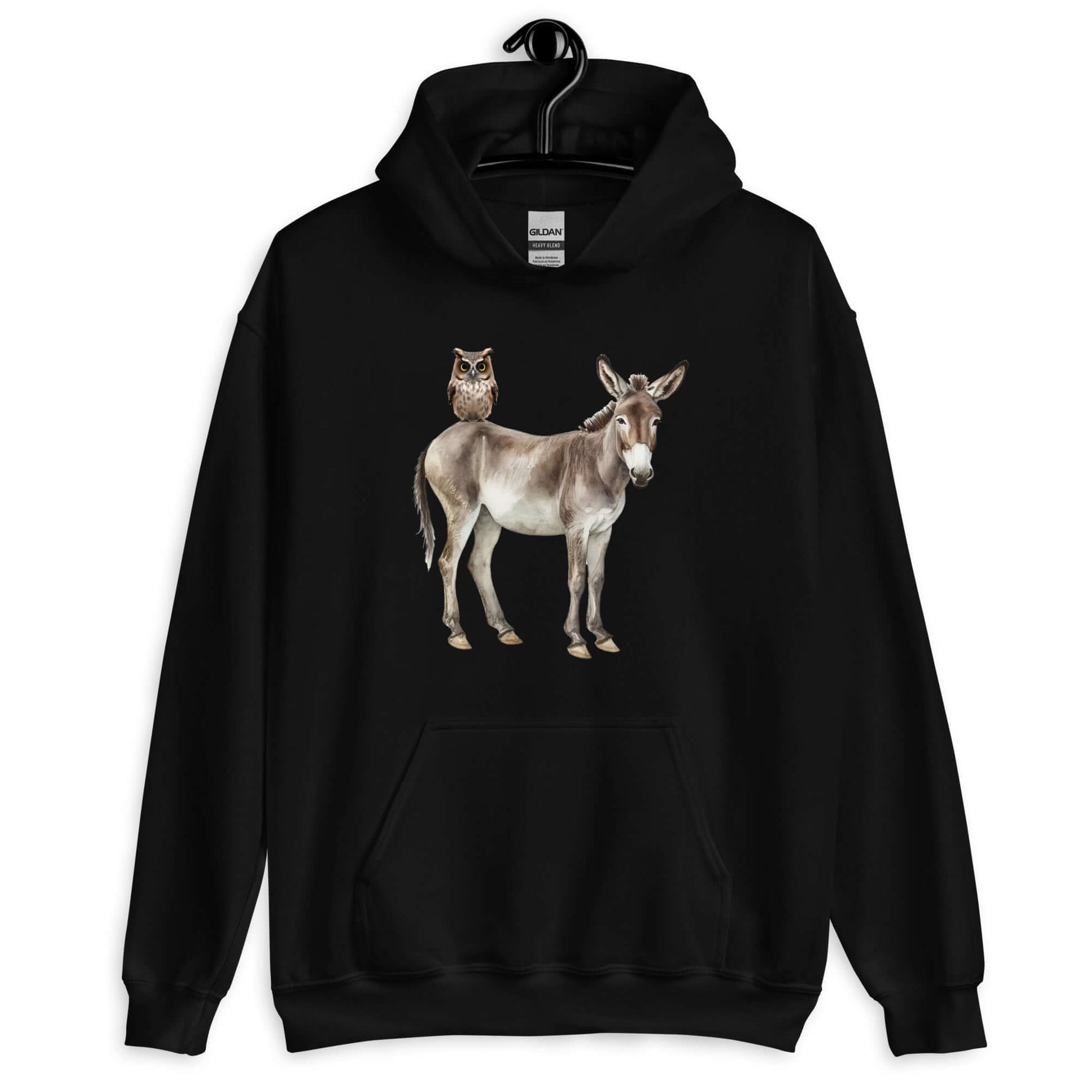 Black hoodie sweatshirt with image of a donkey with wise owl sitting on it. The graphic is printed on the front of the hoodie.