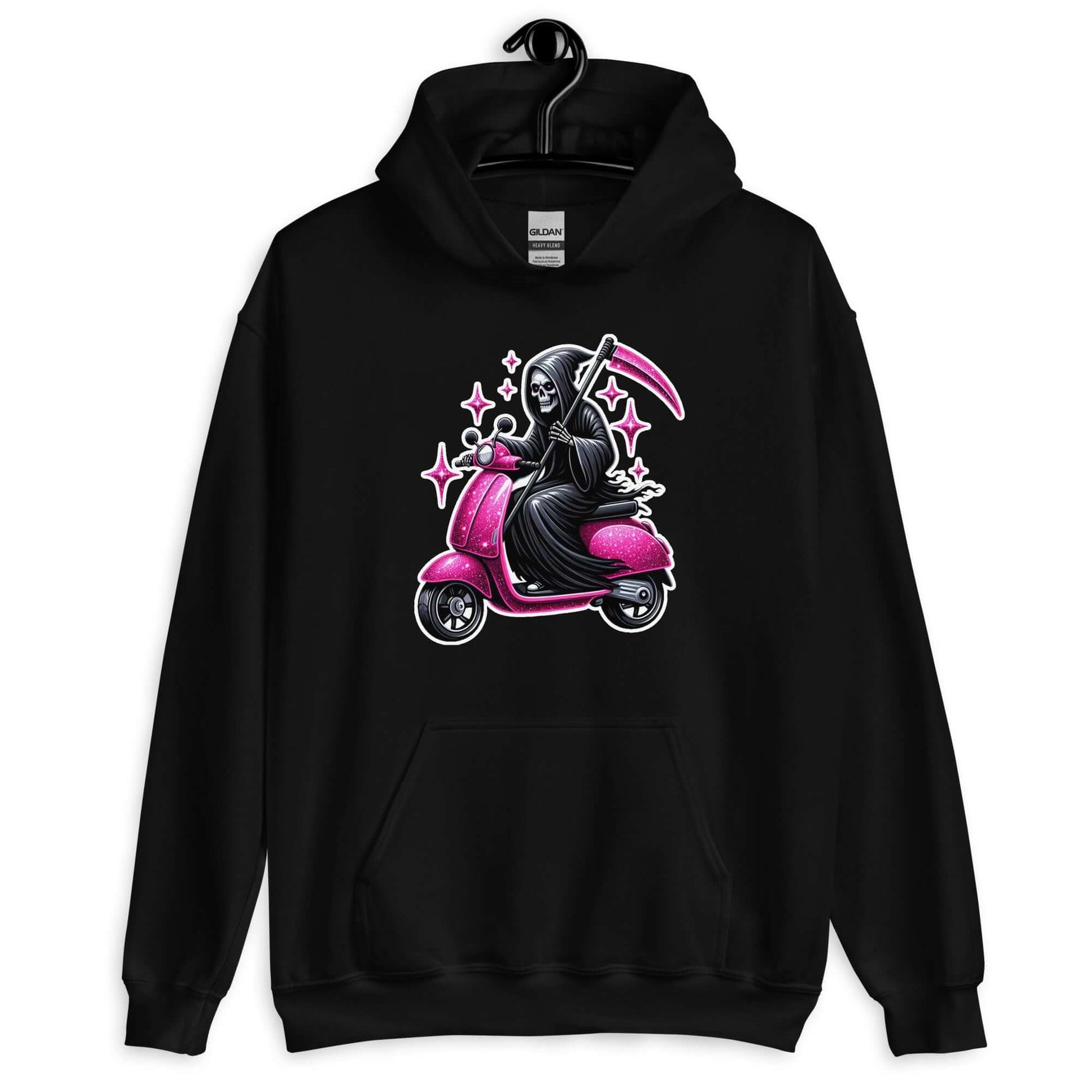 Black hoodie sweatshirt with funny image of the Grim Reaper riding on a glam pink scooter printed on the front.