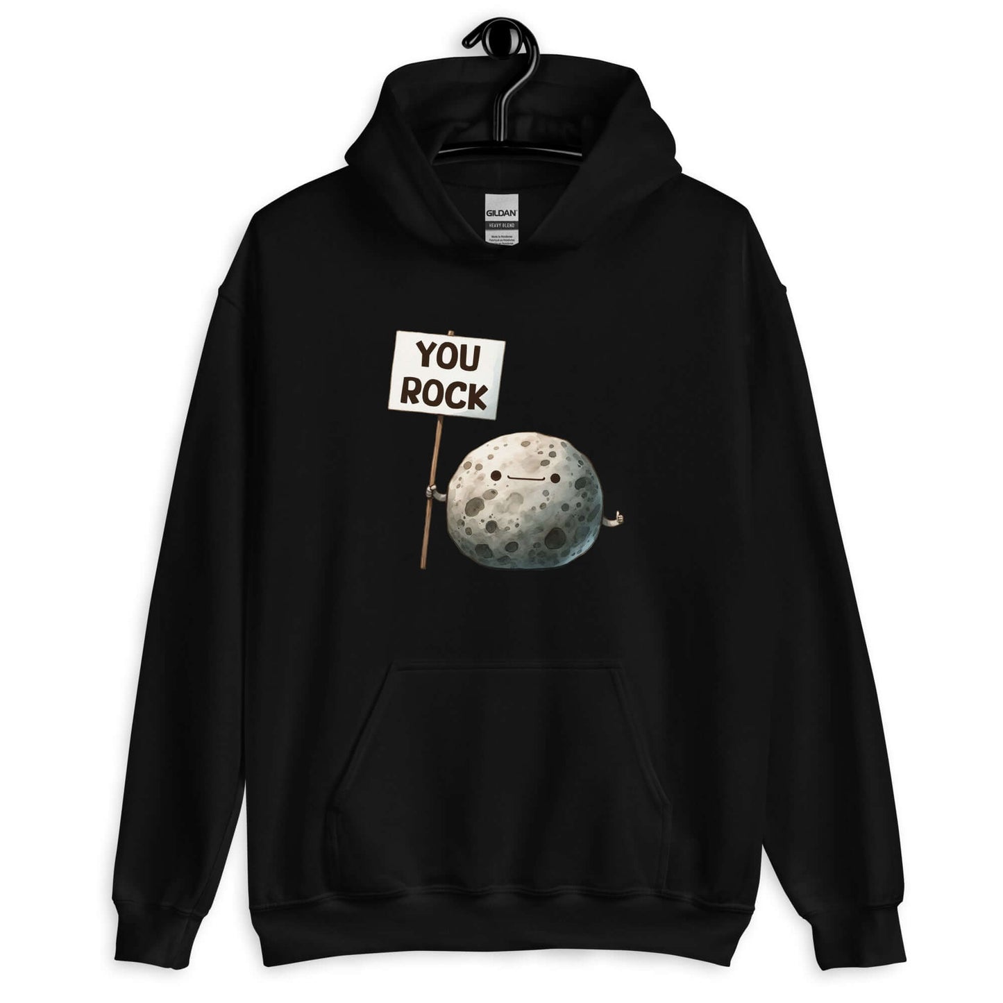 Black hoodie with an image of a grey rock that is holding a sign. The sign says You Rock. The image is printed on the front of the hoodie.