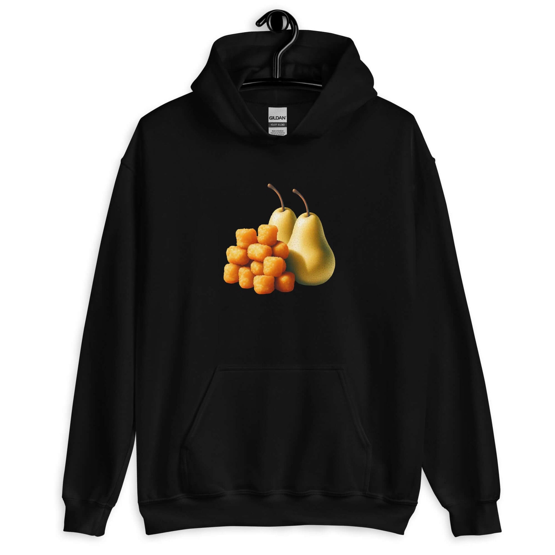 Black hoodie with an image of tater tots and two pears printed on the front. 