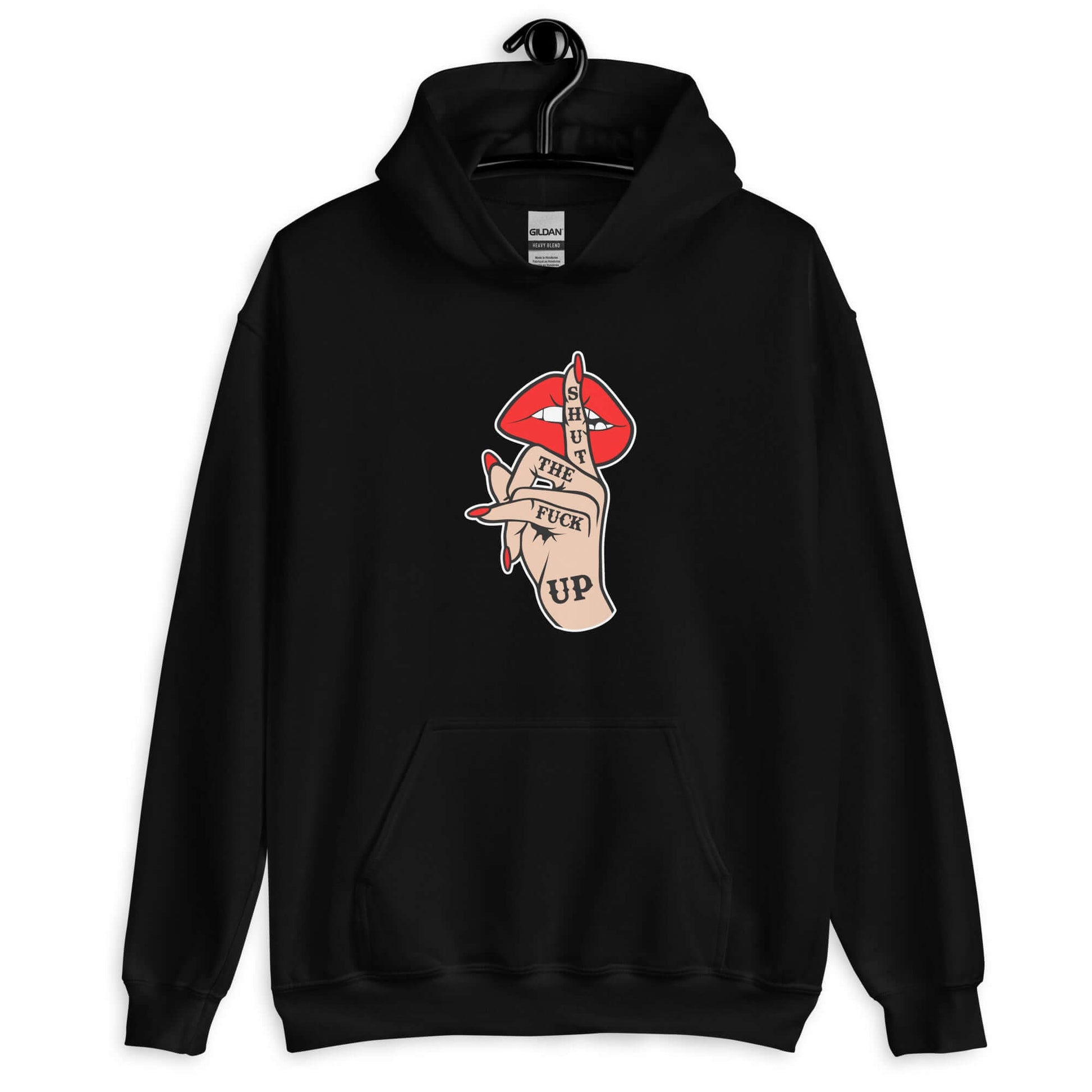 Black hoodie sweatshirt with an image of a hand over lips making the shh gesture. The words Shut the fuck up are printed on the hand. The graphics are printed on the front of the hoodie.