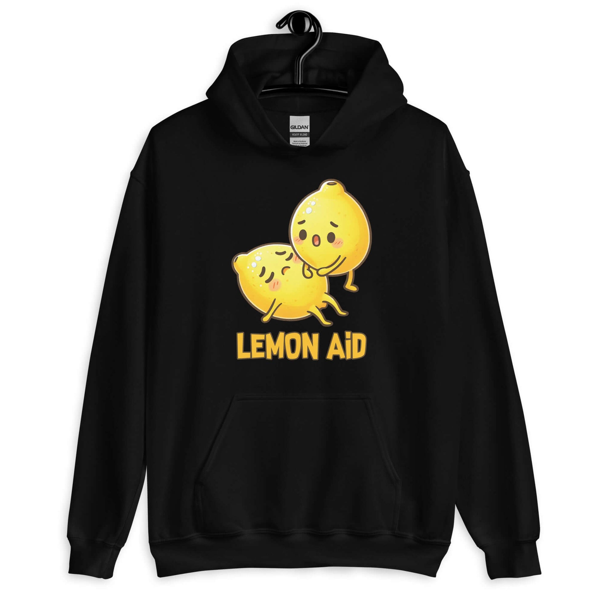 Black hoodie sweatshirt with image of 2 cartoon lemons. One lemon is giving the other lemon CPR. The words Lemon Aid is under the lemons. The graphic is printed on the front.