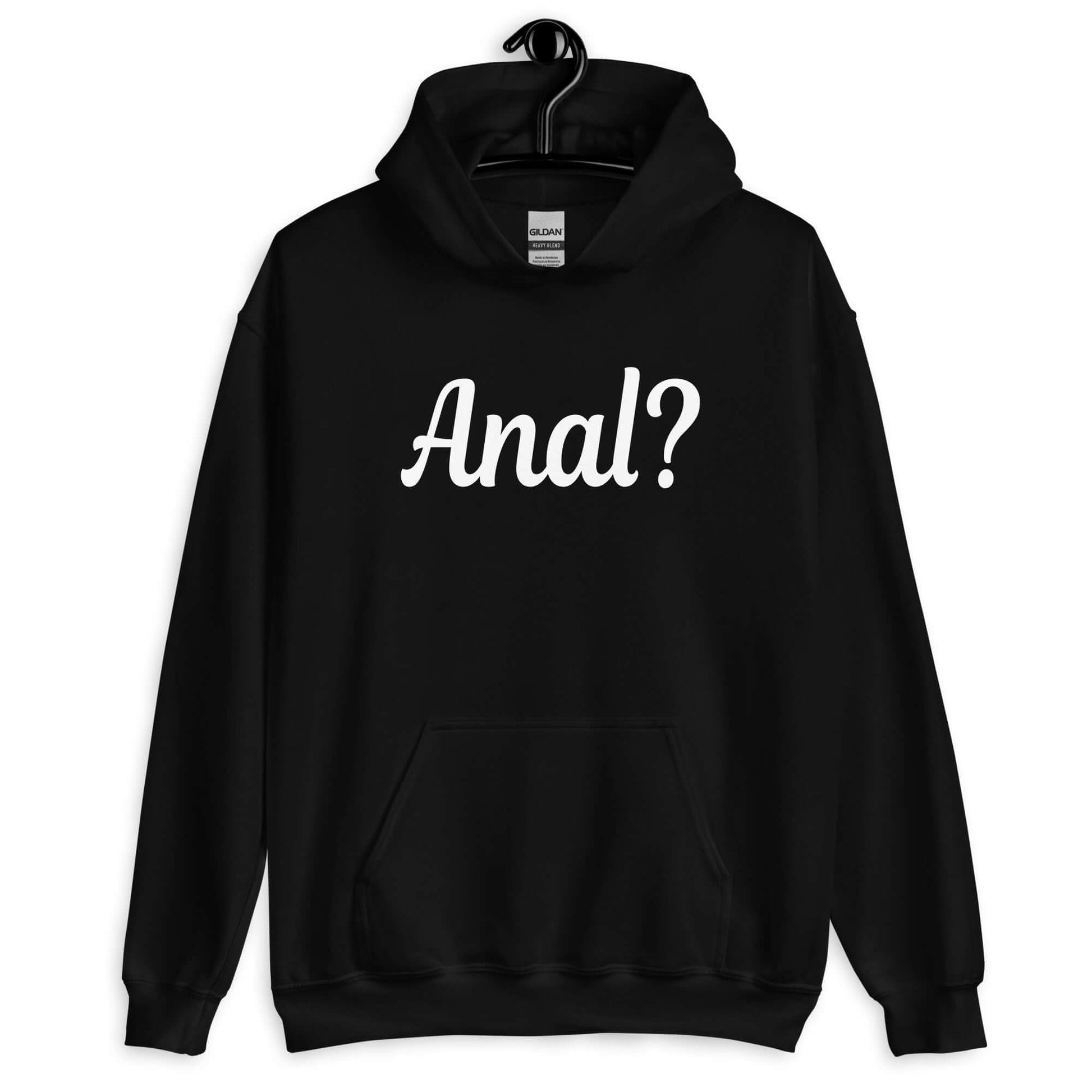 Black hoodie sweatshirt with the word Anal with a question mark printed on the front.