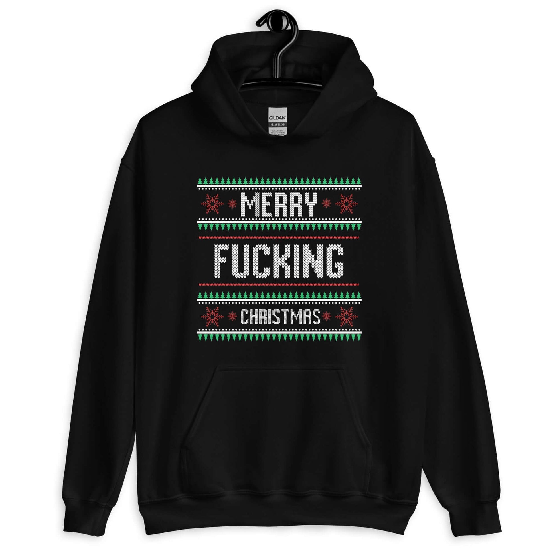 Black hoodie sweatshirt with the phrase Merry fucking Christmas printed on the front in sweater print font.