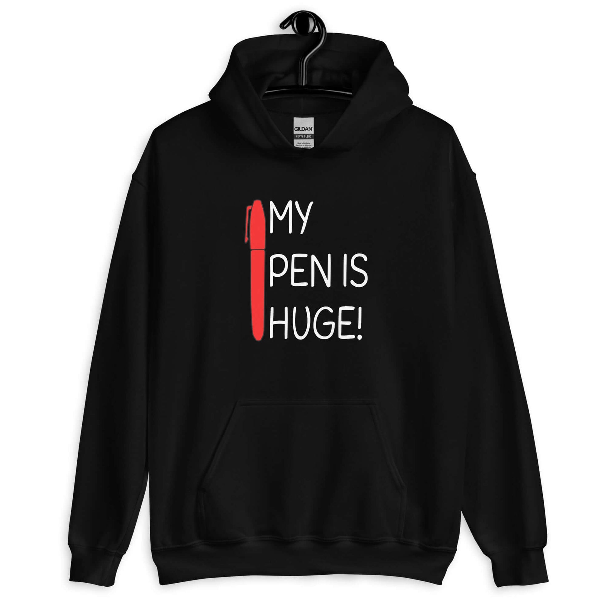 Black hoodie sweatshirt. The hoodie has an image of a big red pen and the words My pen is huge printed on the front. The words Pen and is are close together so that at first glance it appears that it says penis instead of pen is.