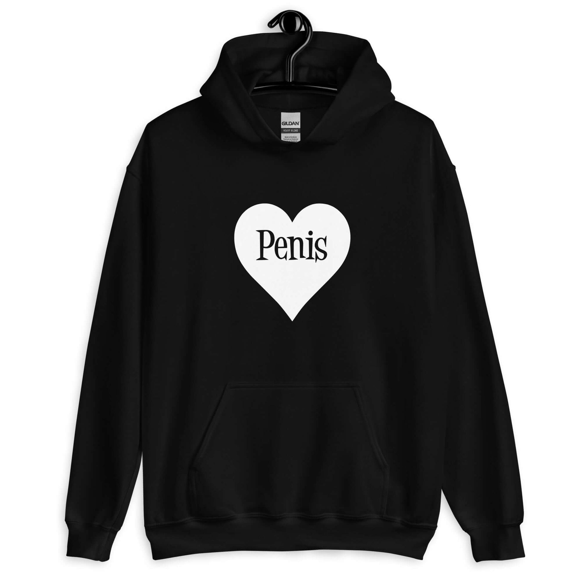 Black hoodie sweatshirt with a heart image printed on the front. The word penis is inside the heart