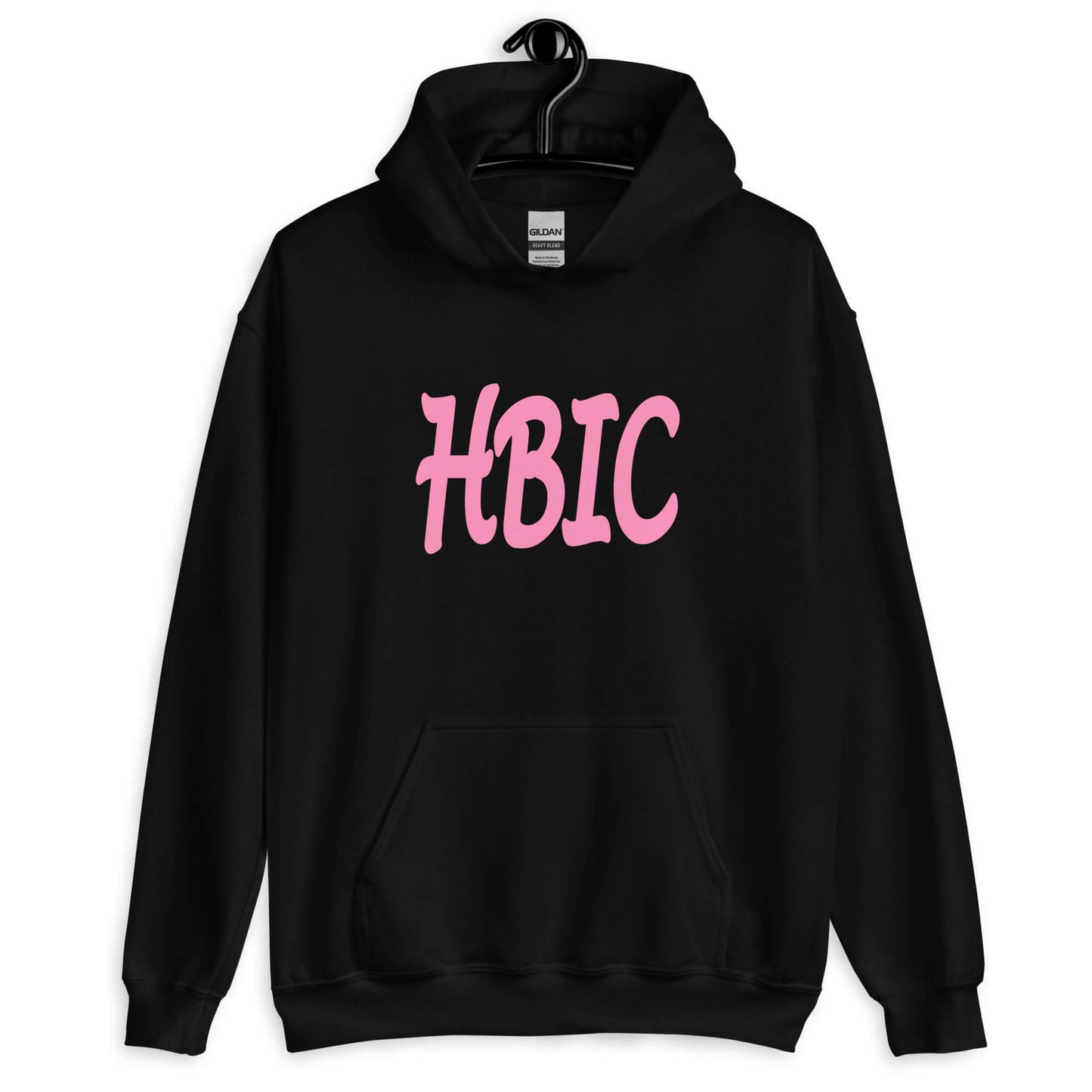 Black hoodie sweatshirt with the acronym HBIC printed on the front in pink text.