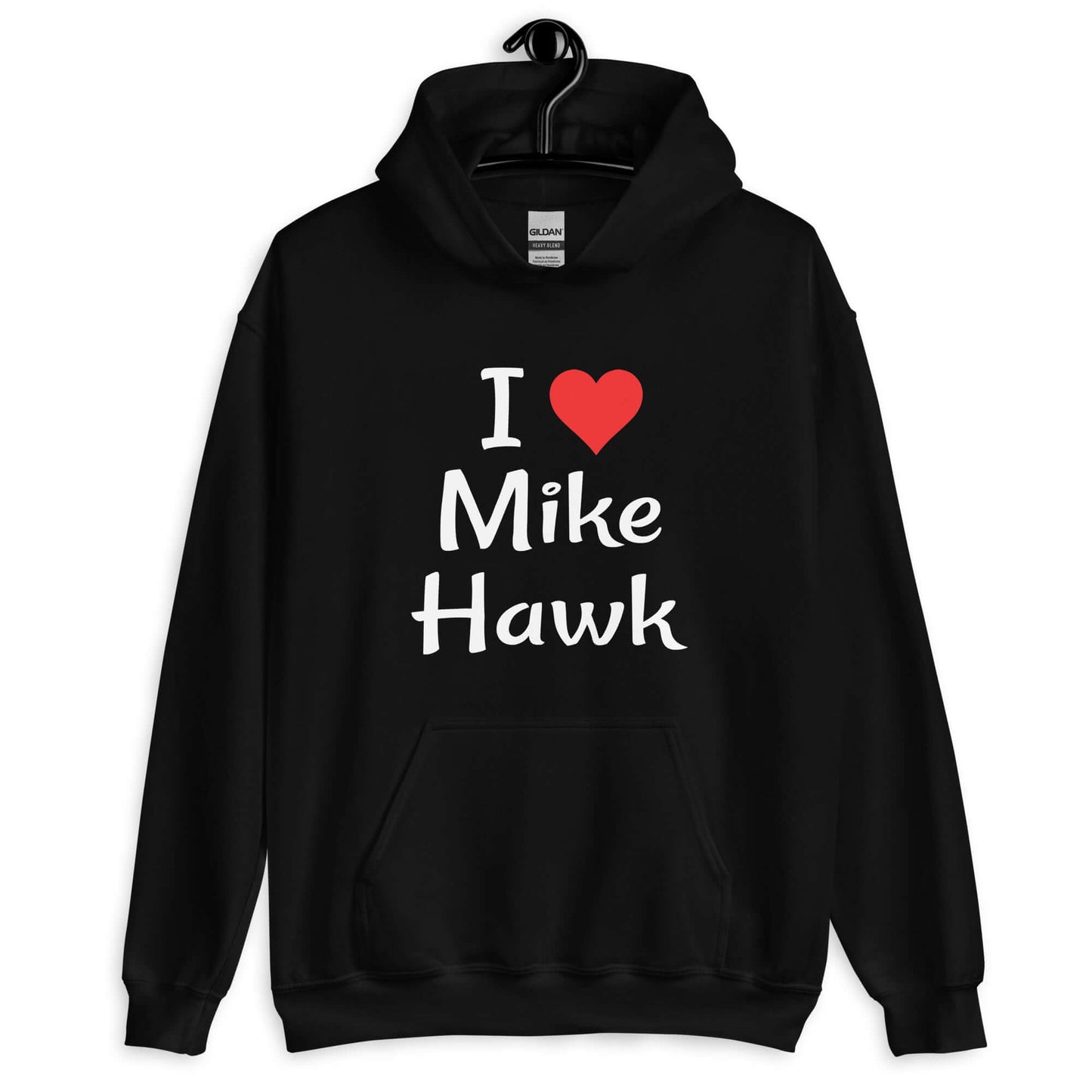 Black hoodie sweatshirt with the pun I heart Mike Hawk printed on the front.