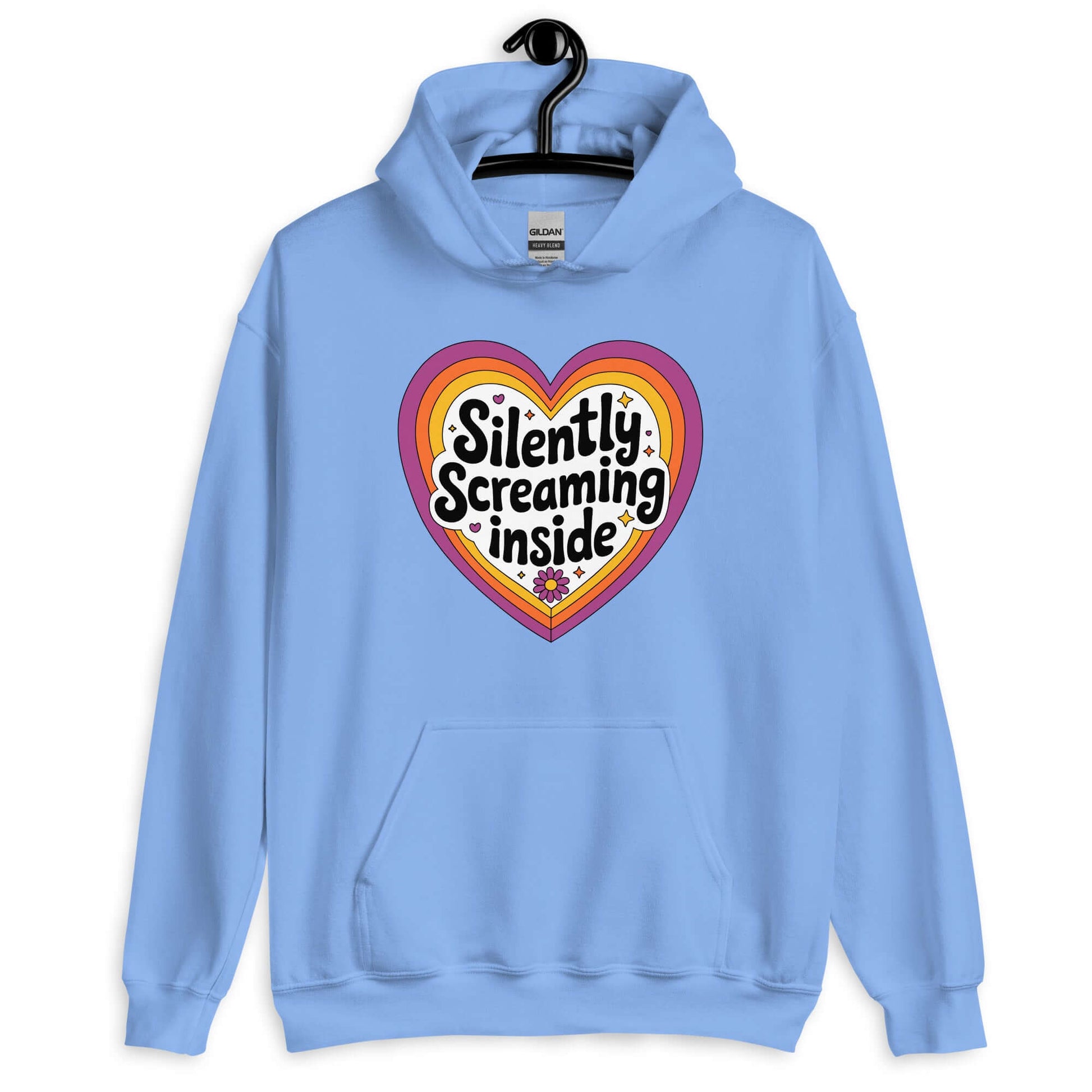 Carolina blue hoodie sweatshirt with a graphic that says Silently screaming inside. The graphics are printed on the front of the sweatshirt.