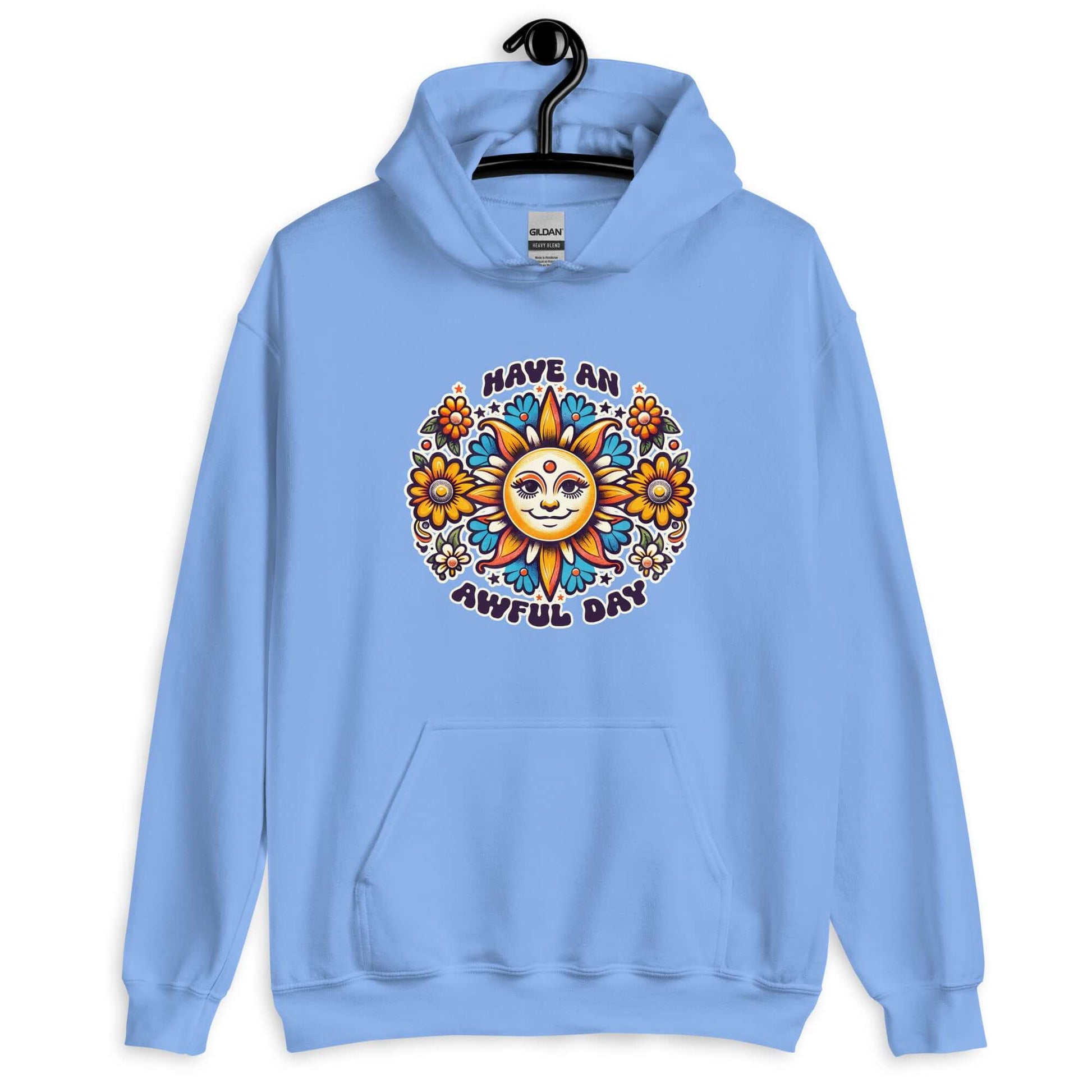 Carolina blue hoodie sweatshirt with a sun graphic and the phrase Have an awful day printed on the front.