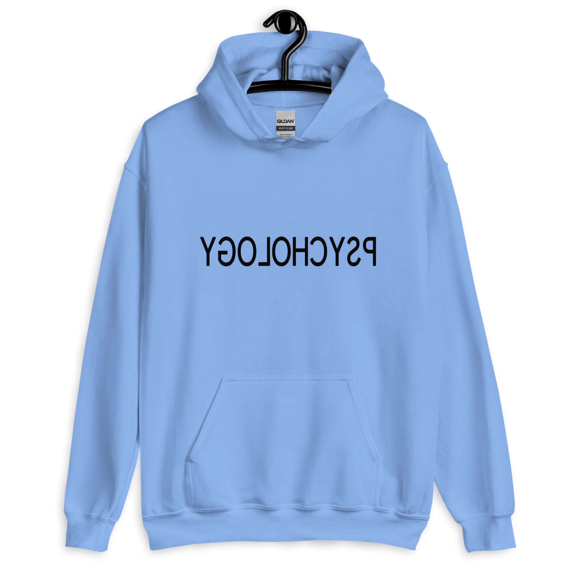 Carolina blue hoodie sweatshirt with the word Psychology printed in reverse on the front.