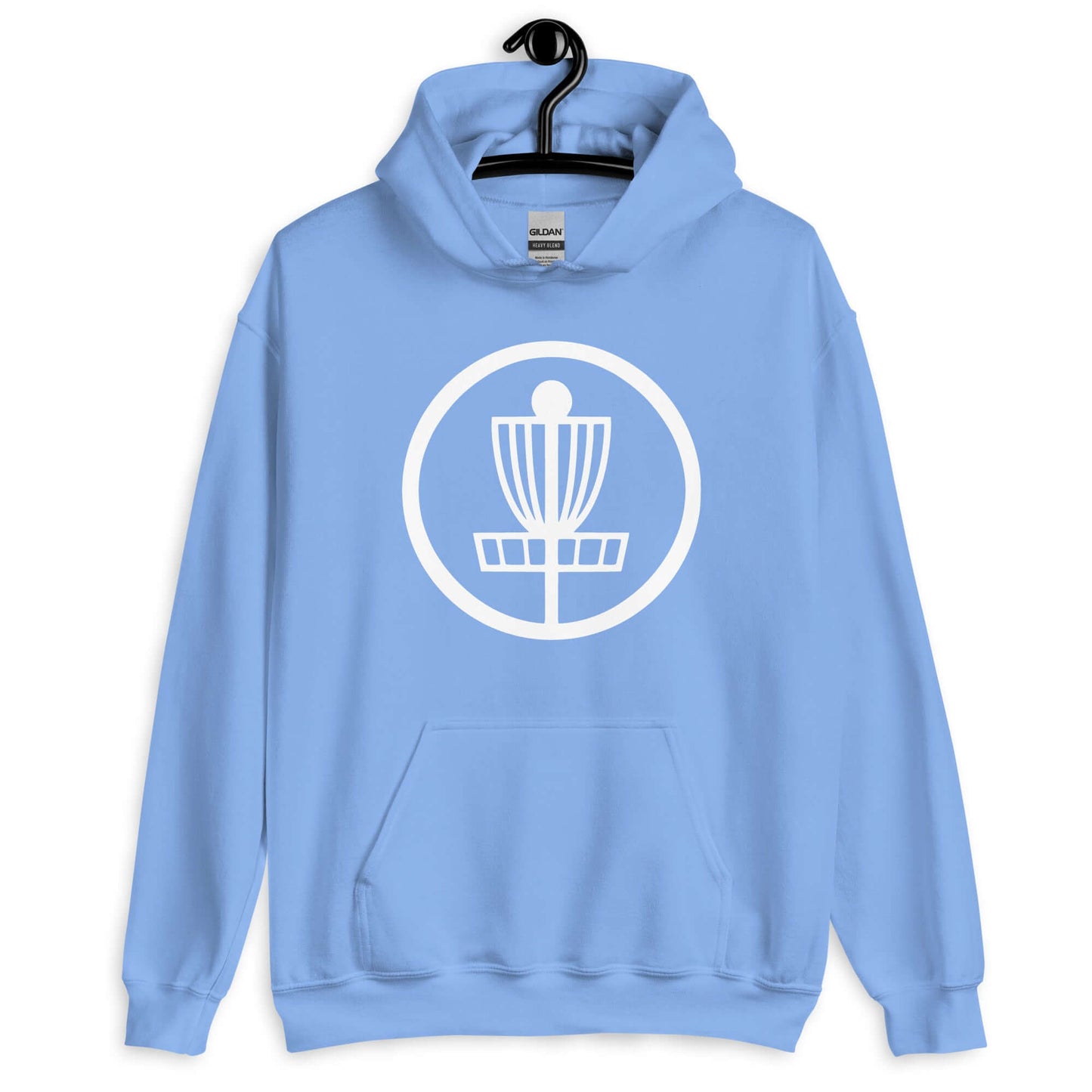 Carolina blue hoodie sweatshirt with image of disc golf basket silhouette with a circle around it printed on the front.