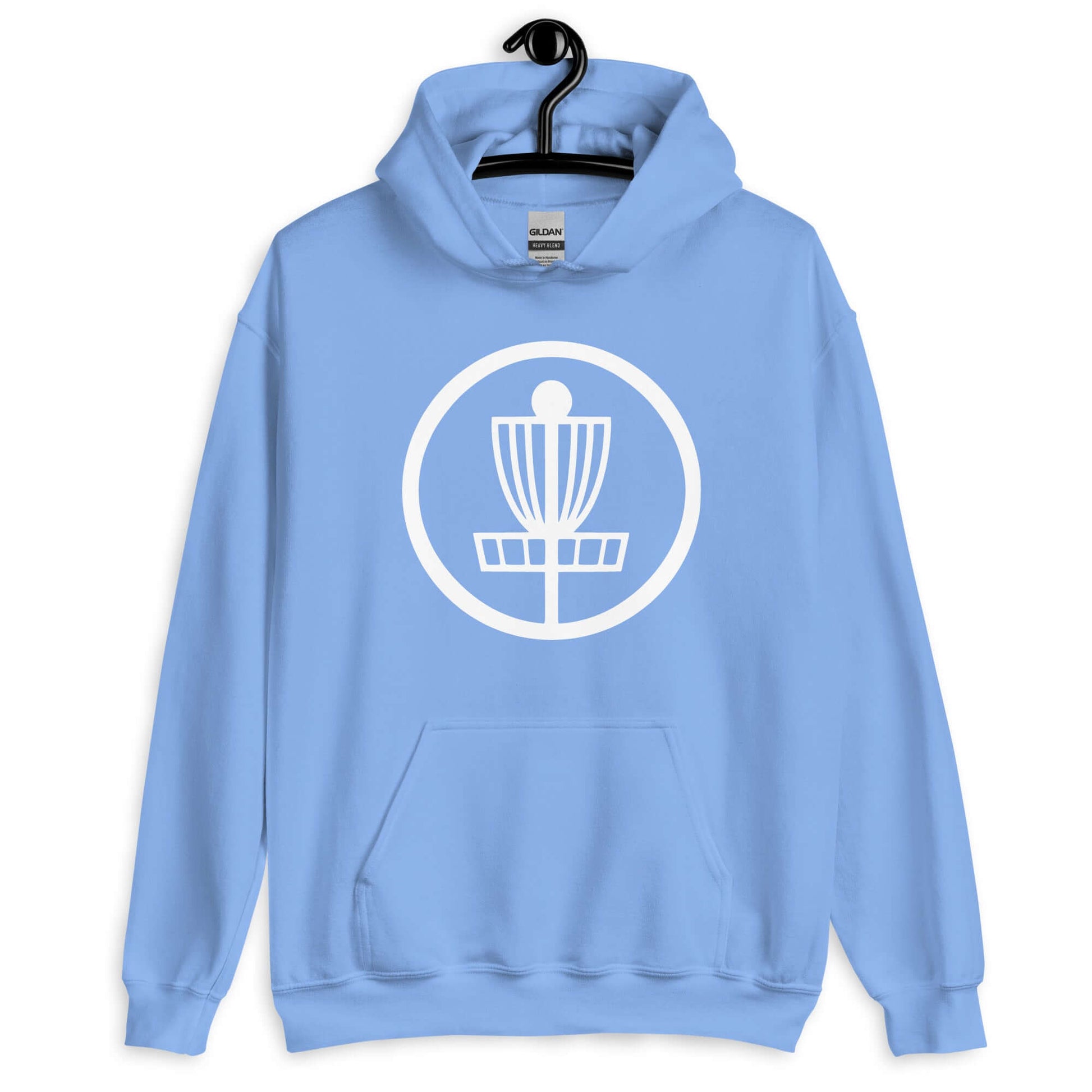 Carolina blue hoodie sweatshirt with image of disc golf basket silhouette with a circle around it printed on the front.