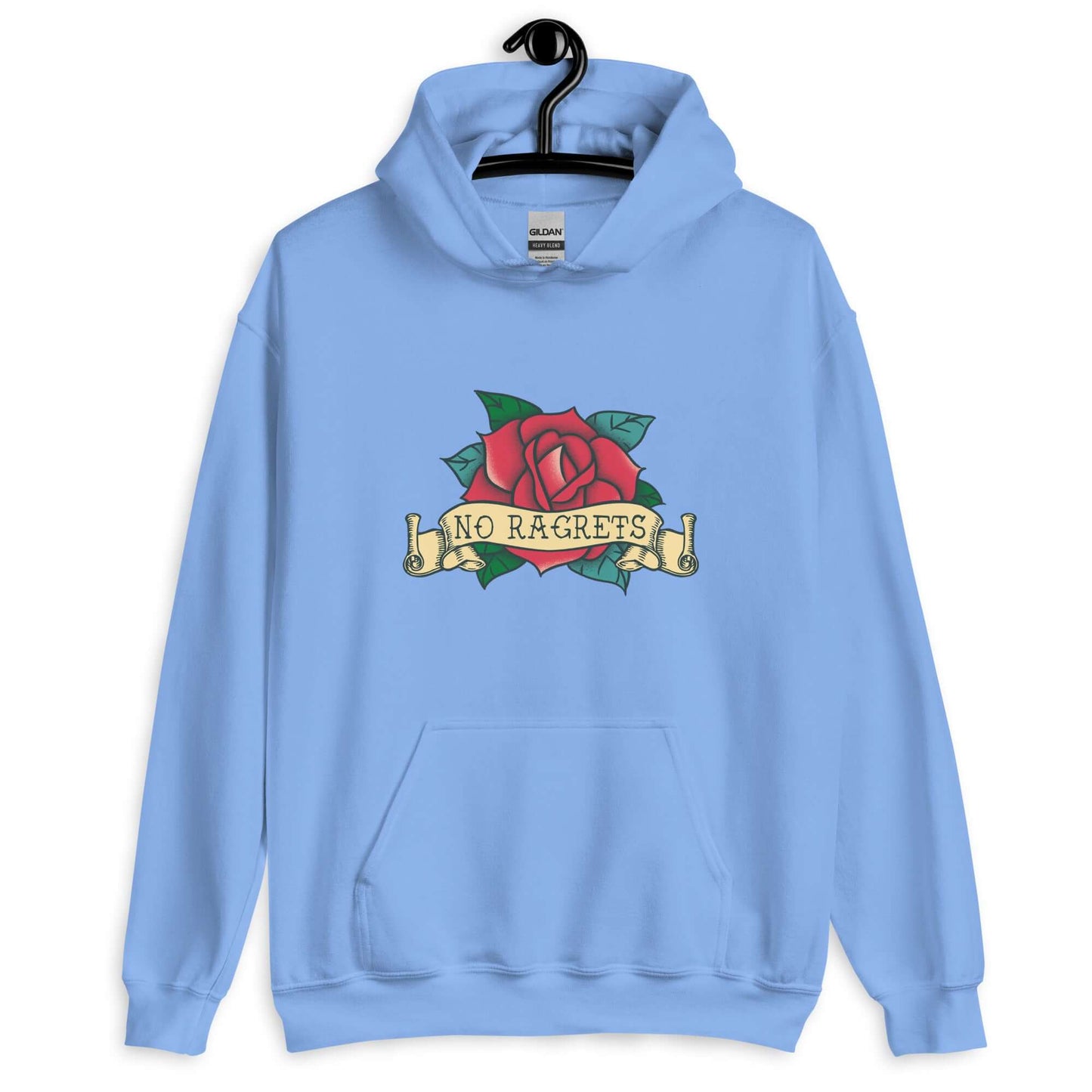 Carolina blue hoodie sweatshirt with funny image of an old school rose flash tattoo with the words no ragrets intentionally misspelled. Product mockup Product mockup