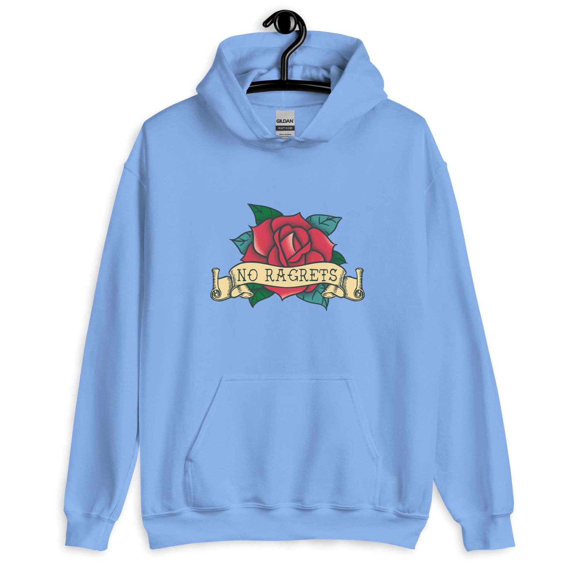 Carolina blue hoodie sweatshirt with funny image of an old school rose flash tattoo with the words no ragrets intentionally misspelled. Product mockup Product mockup