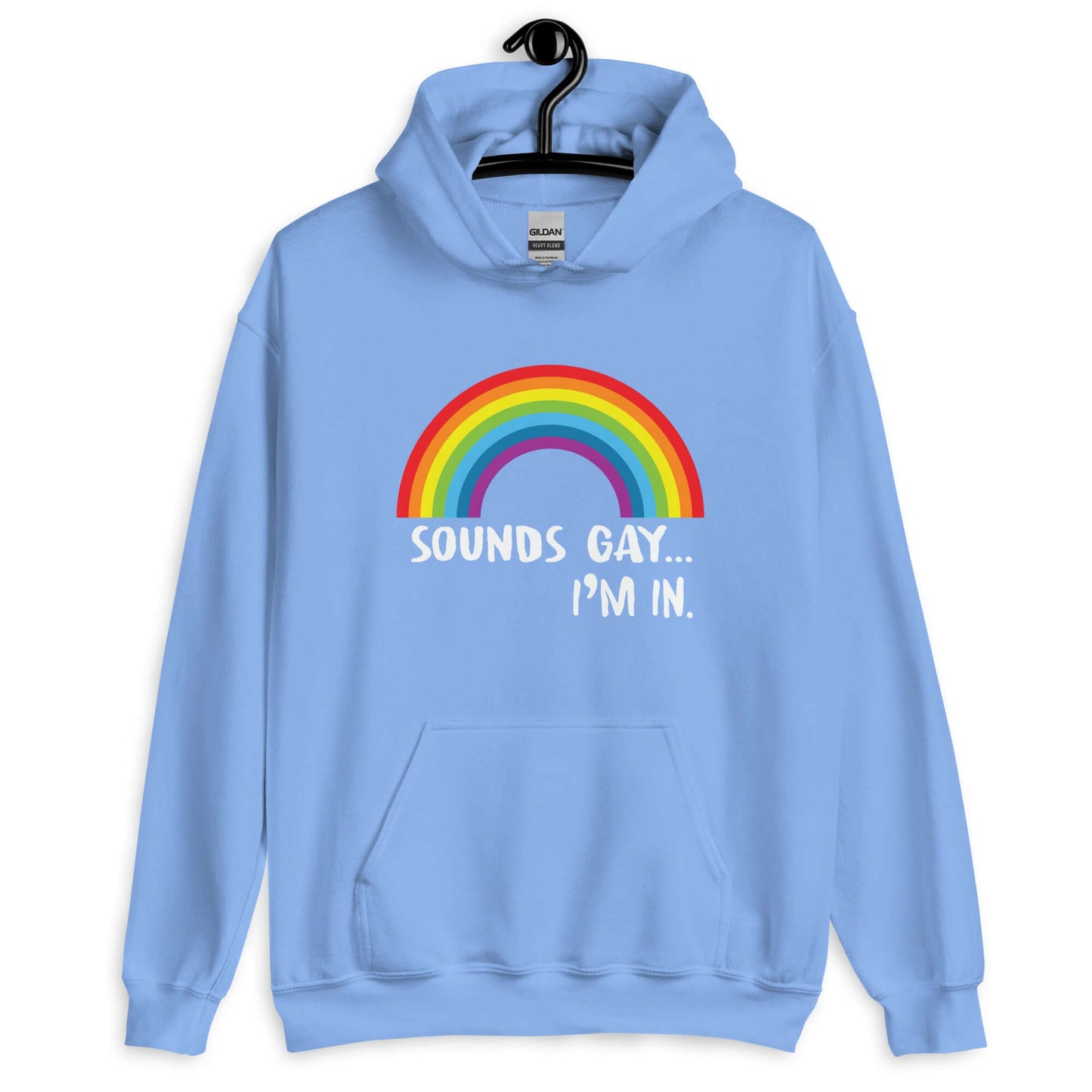 Carolina blue hoodie sweatshirt that has an image of a rainbow and the phrase Sounds gay, I'm in printed on the front