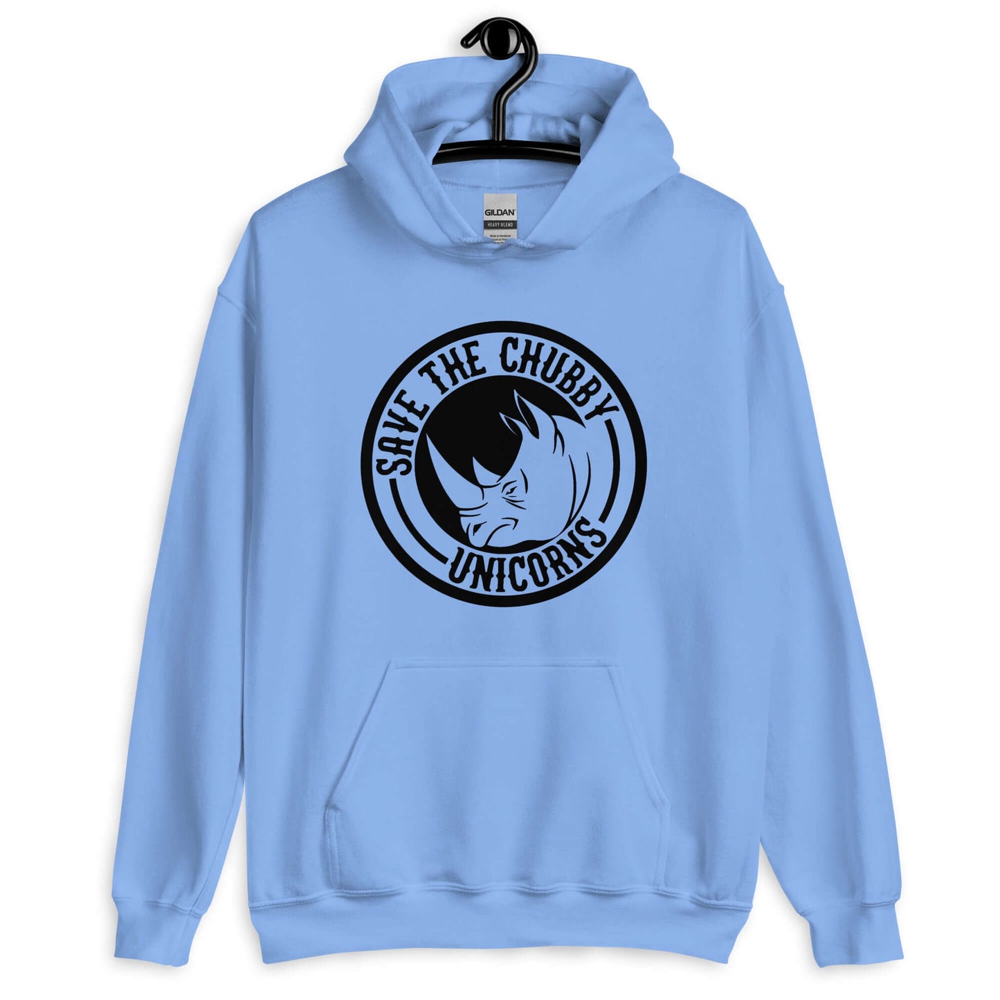 Carolina blue hoodie sweatshirt with a funny graphic of a rhinoceros & the words Save the chubby unicorns printed on the front.
