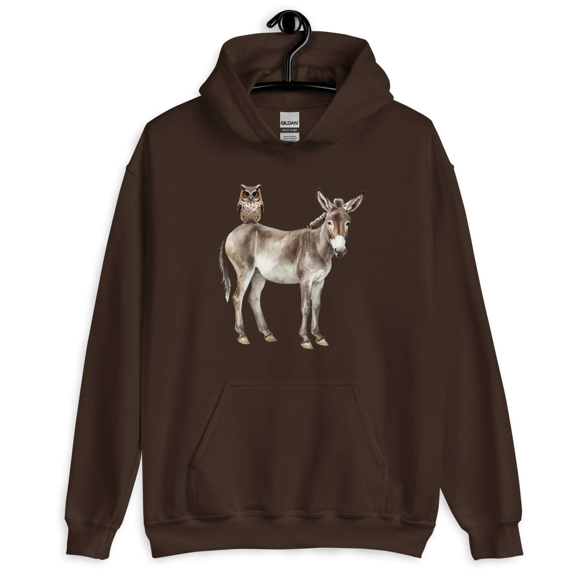 Dark chocolate brown hoodie sweatshirt with image of a donkey with wise owl sitting on it. The graphic is printed on the front of the hoodie.