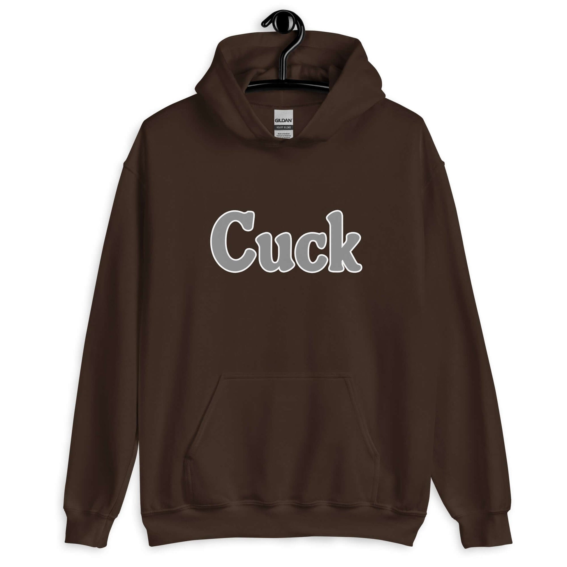 Dark chocolate brown hoodie sweatshirt with the word Cuck printed on the front in grey.