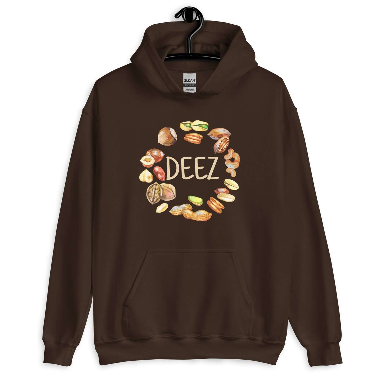 Dark chocolate brown hoodie sweatshirt with an image of various nuts and the word Deez printed on the front.,