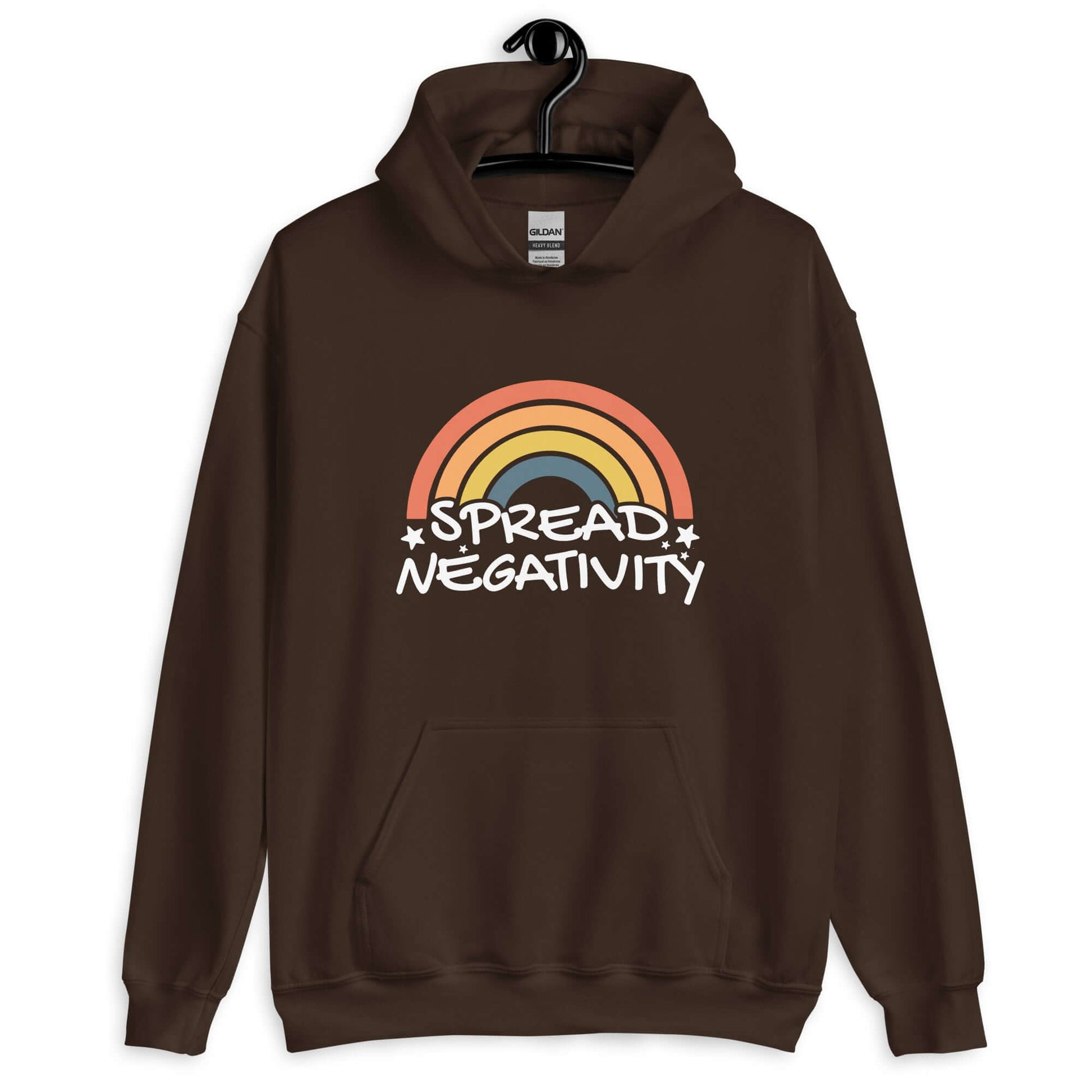 Dark chocolate brown hoodie sweatshirt with a graphic of a rainbow and the words Spread negativity printed on the front.