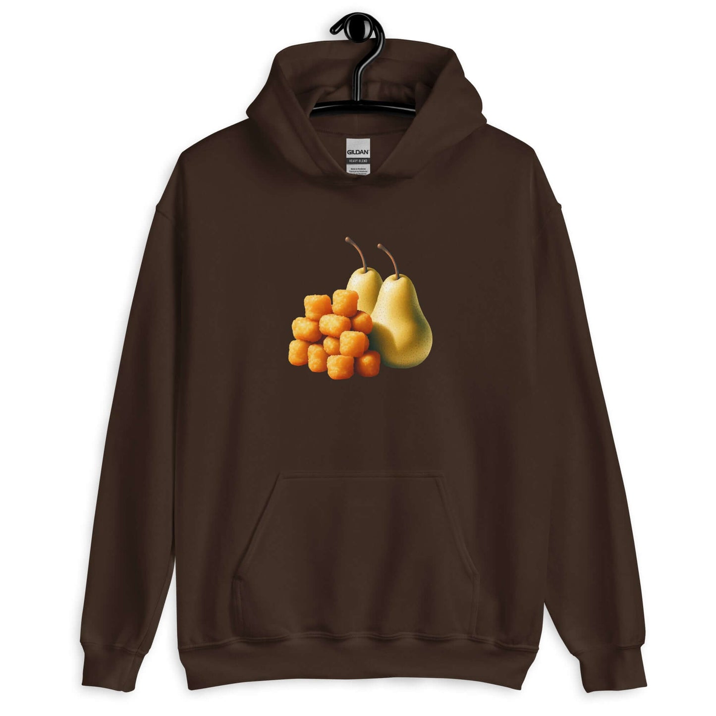 Dark chocolate brown hoodie with an image of tater tots and two pears printed on the front.