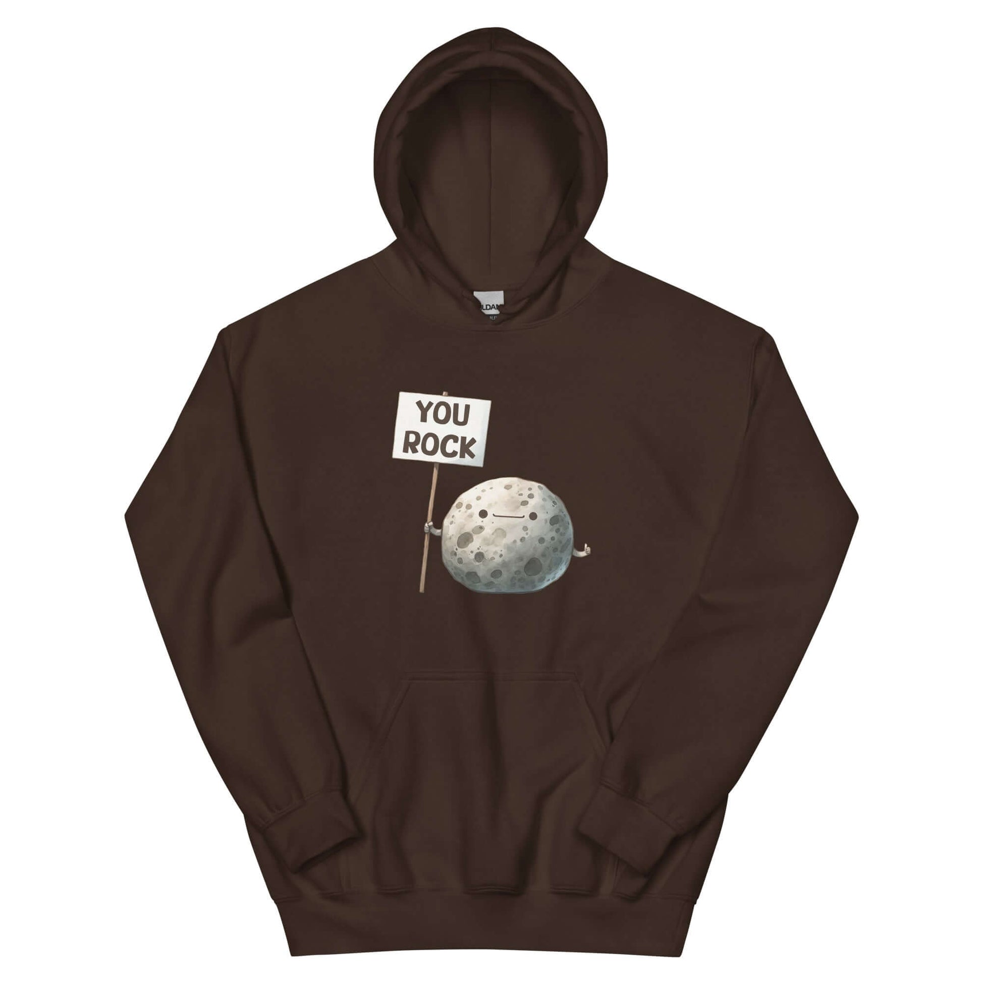 Dark chocolate brown hoodie with an image of a grey rock that is holding a sign. The sign says You Rock. The image is printed on the front of the hoodie.