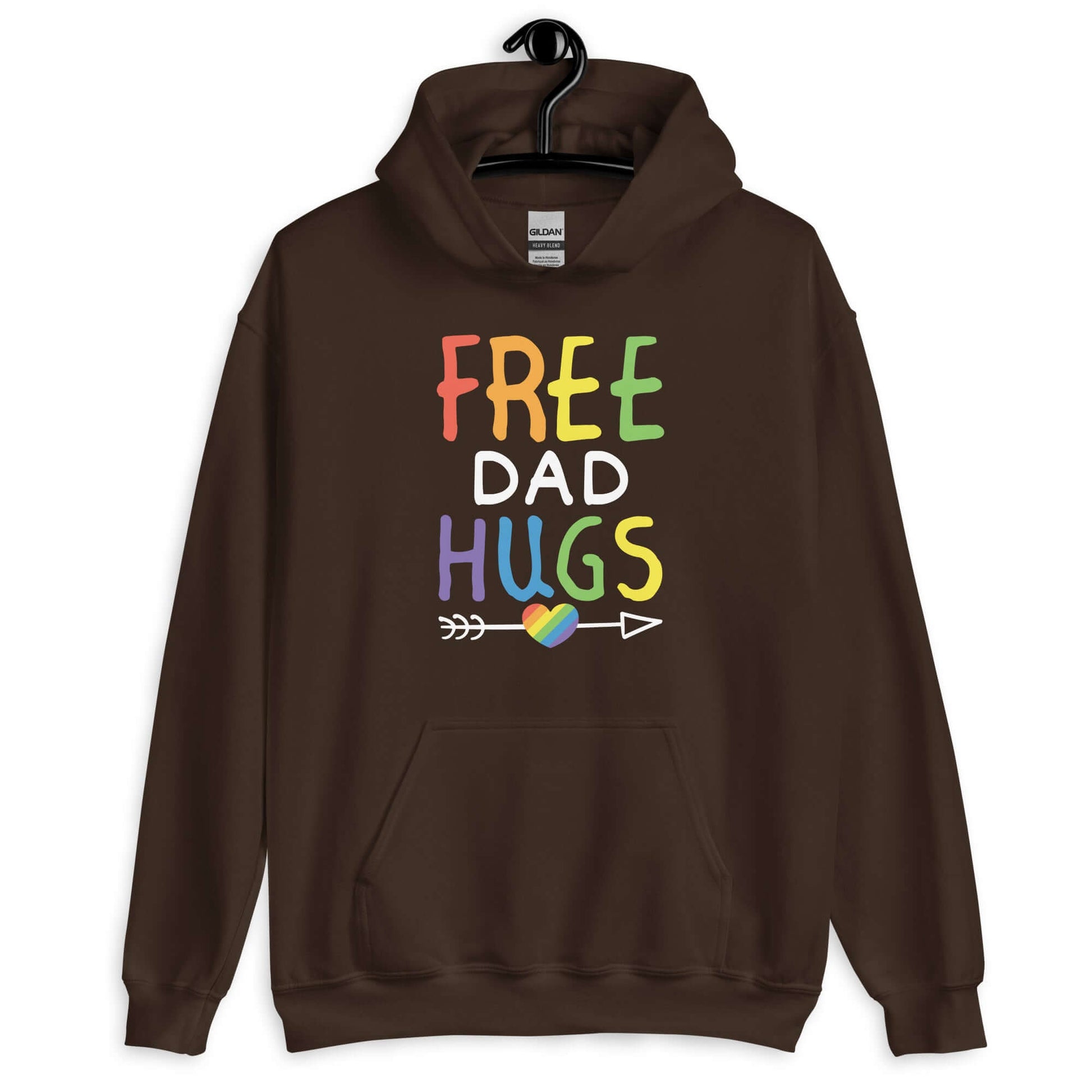 Dark chocolate brown hoodie sweatshirt with the words Free Dad hugs printed on the front in rainbow letters.