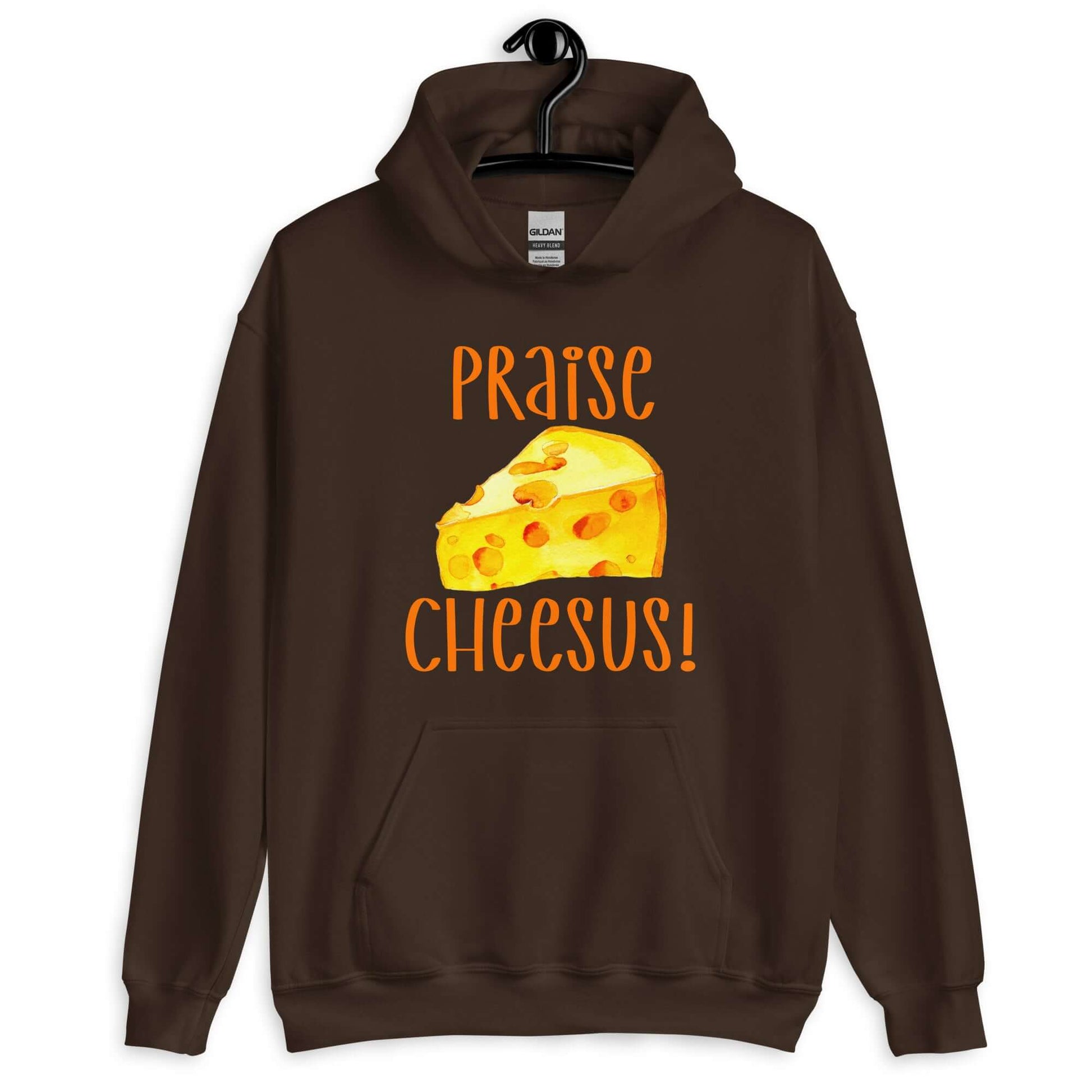 Dark chocolate brown hoodie sweatshirt with funny graphics of a piece of swiss cheese and the words Praise Cheesus printed on the front of the hoodie in yellow and orange.