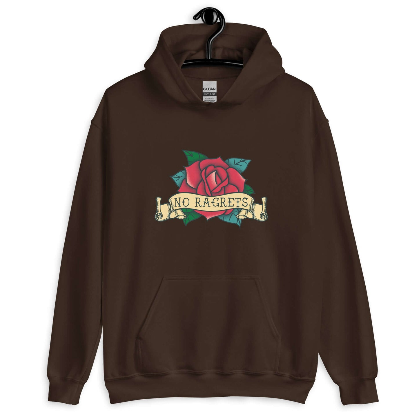 Dark chocolate brown hoodie sweatshirt with funny image of an old school rose flash tattoo with the words no ragrets intentionally misspelled.