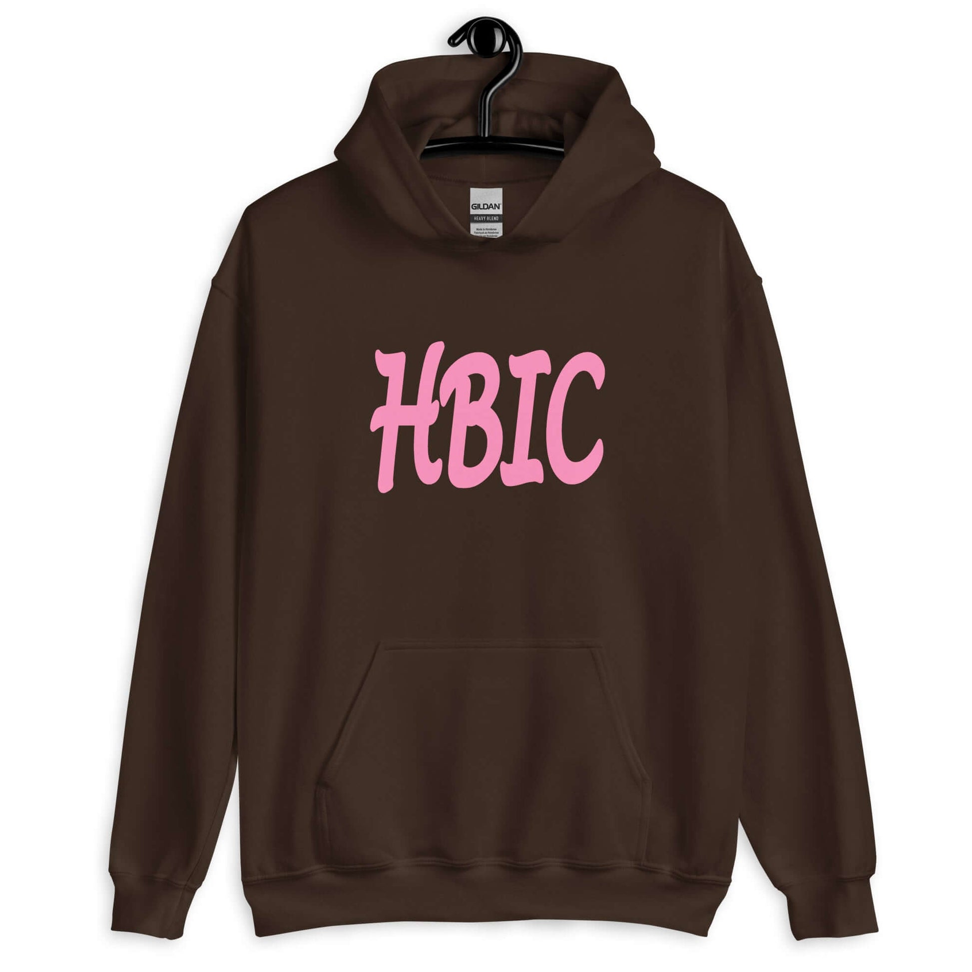 Dark chocolate brown hoodie sweatshirt with the acronym HBIC printed on the front in pink text.