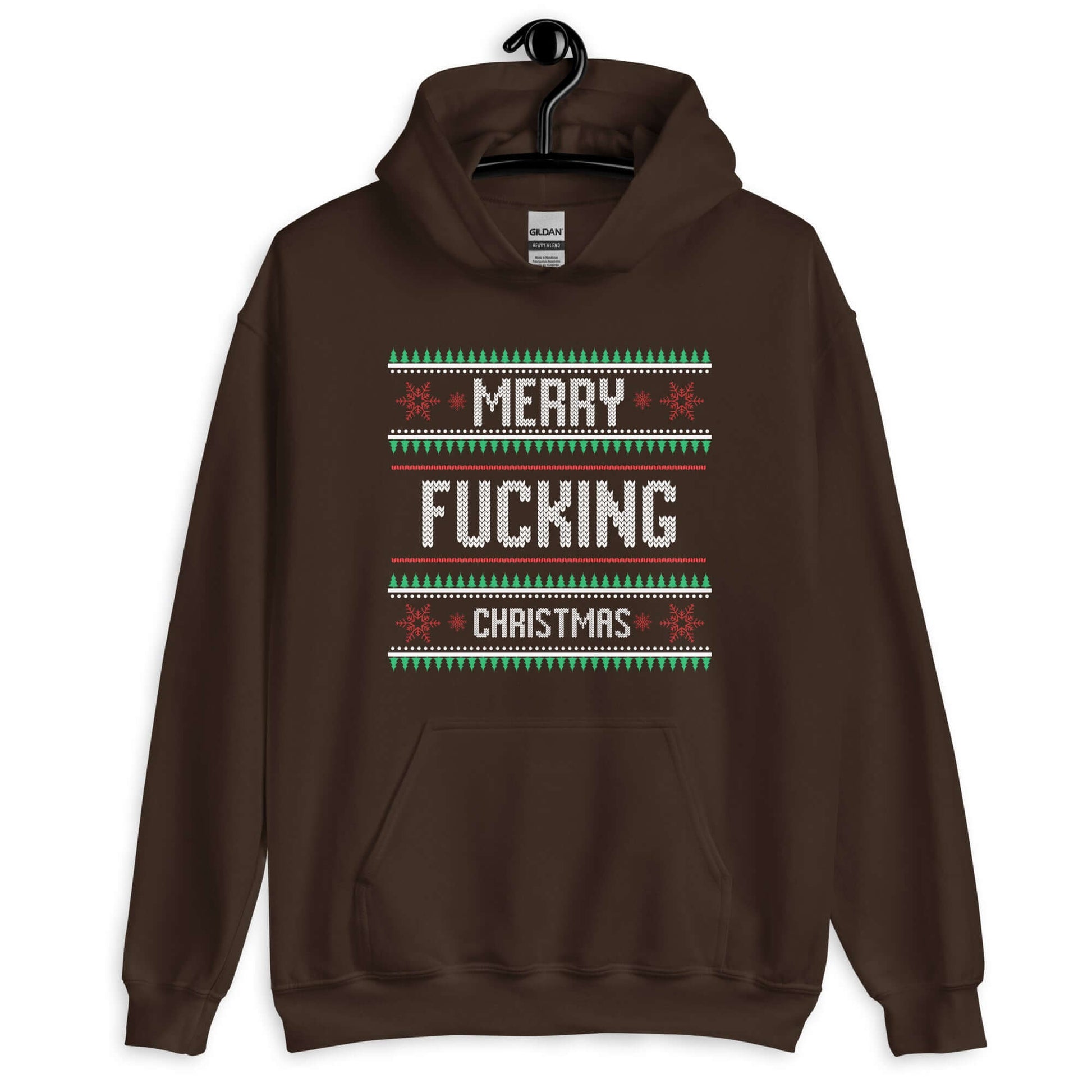 Dark chocolate brown hoodie sweatshirt with the phrase Merry fucking Christmas printed on the front in sweater print font.