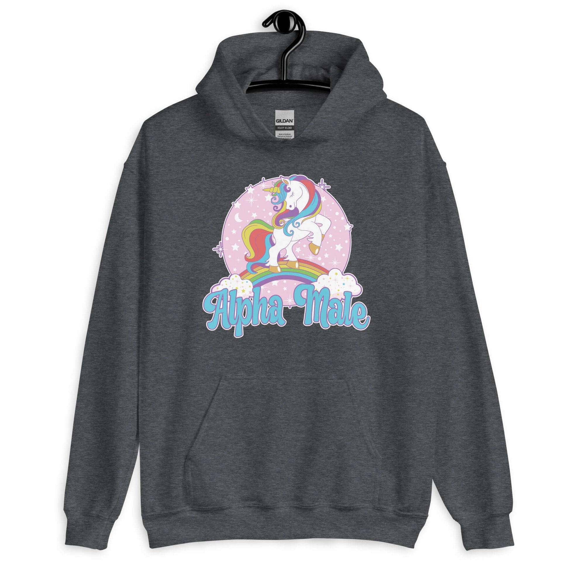 Dark heather hoodie sweatshirt with funny pastel rainbow unicorn graphics and the words Alpha Male printed on the front.