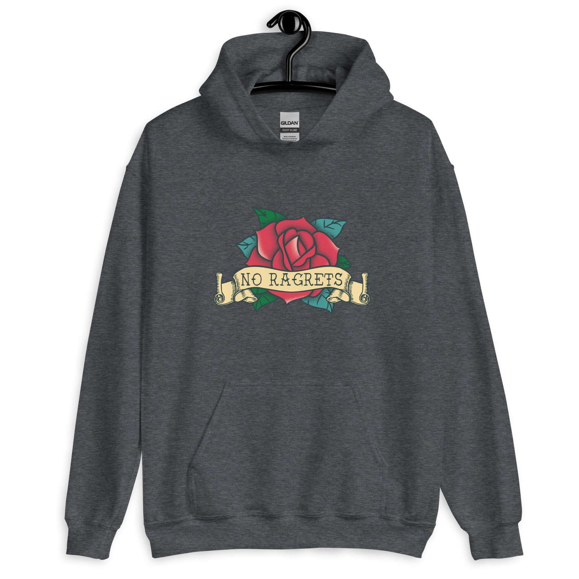 dark heather grey hoodie sweatshirt with funny image of an old school rose flash tattoo with the words no ragrets intentionally misspelled.