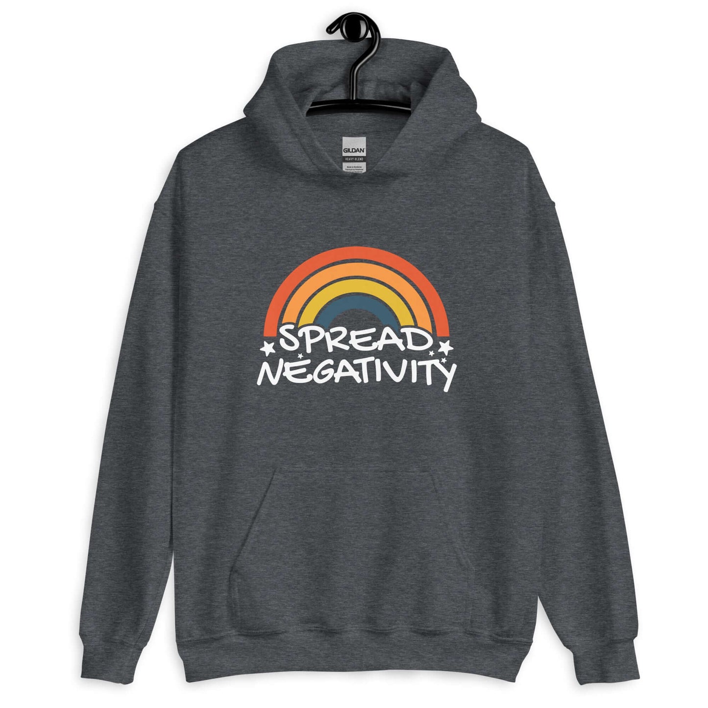 Dark heather grey hoodie sweatshirt with a graphic of a rainbow and the words Spread negativity printed on the front.