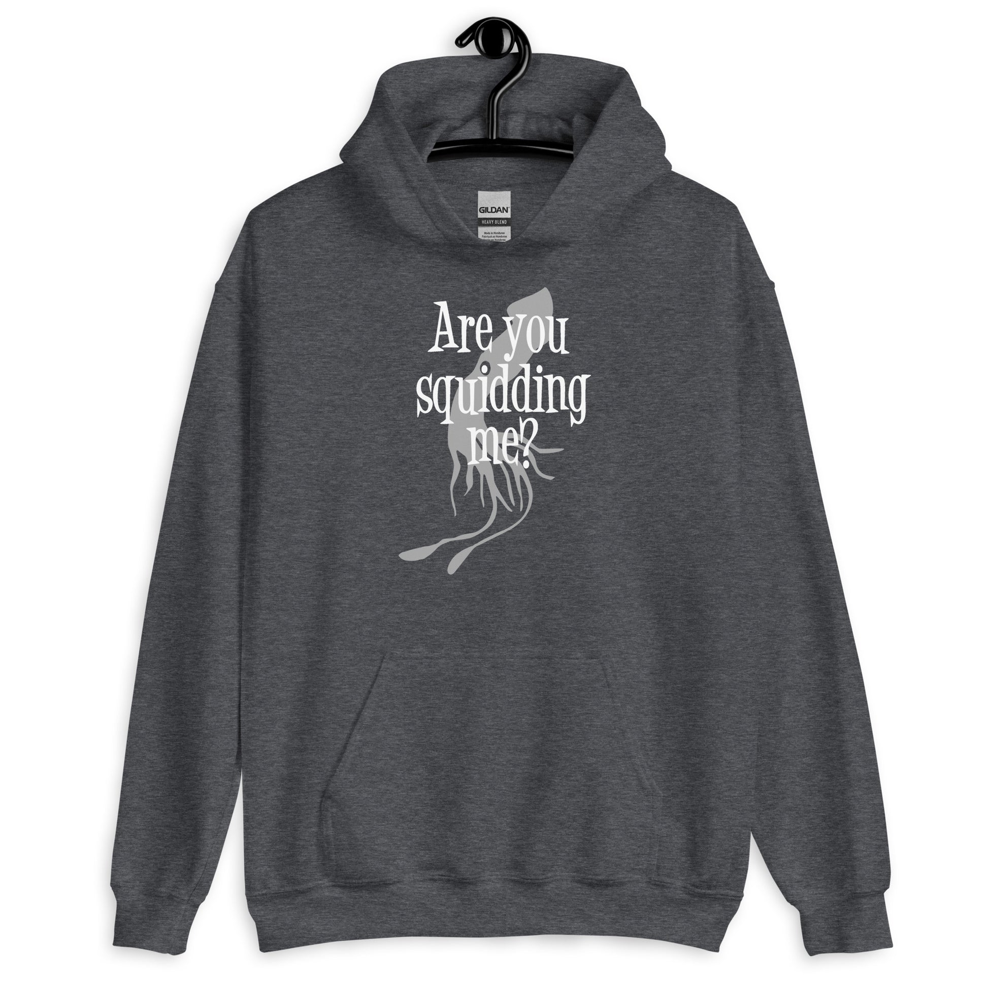 Dark heather grey hoodie sweatshirt with an image of a squid and the pun phrase Are you squidding me question mark printed on the front.