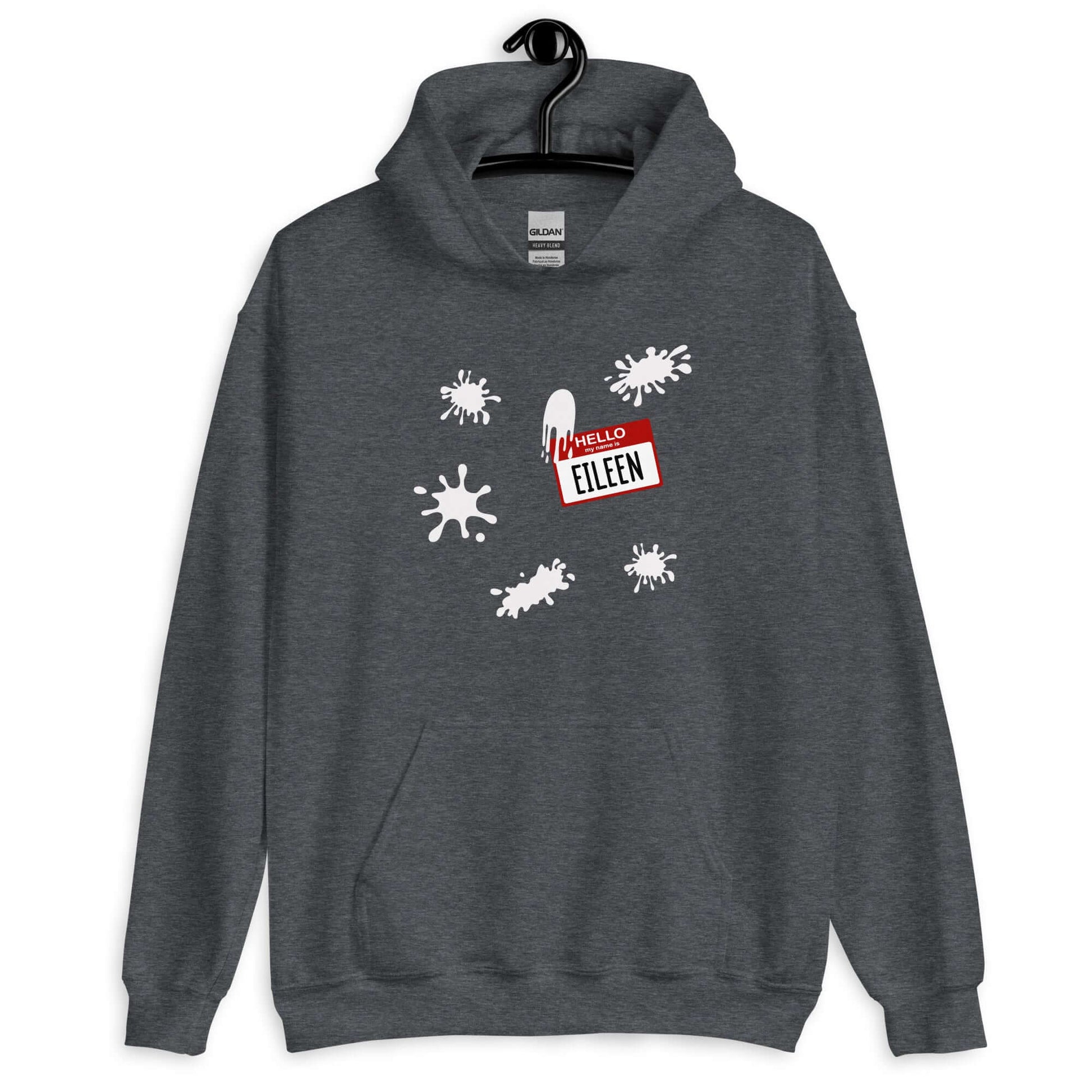 Dark heather grey hoodie sweatshirt with Eileen name tag and white splatters printed on the front.