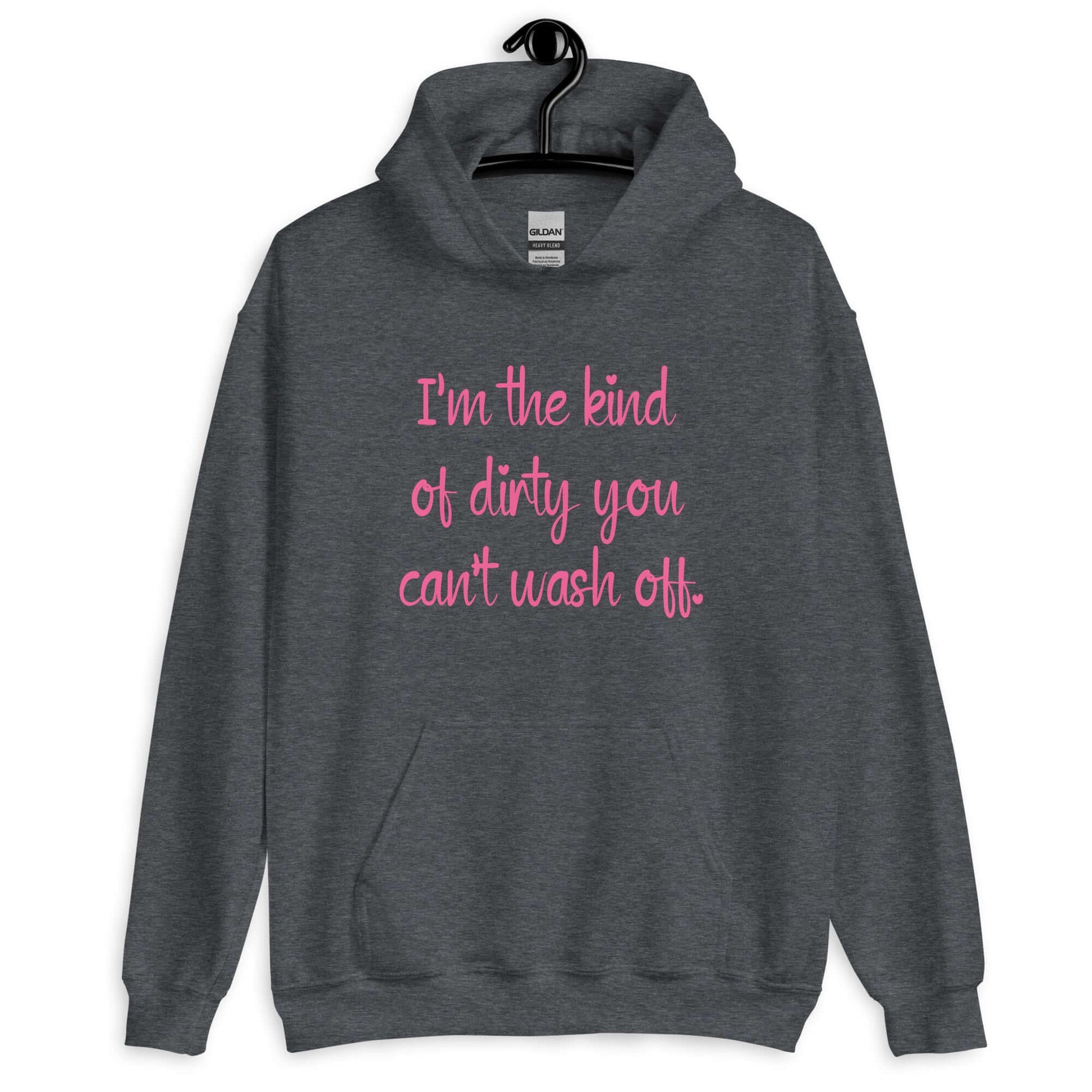 Dark heather grey hoodie sweatshirt with the words I'm the kind of dirty you can't wash off printed on the front of the hoodie. The text is pink.