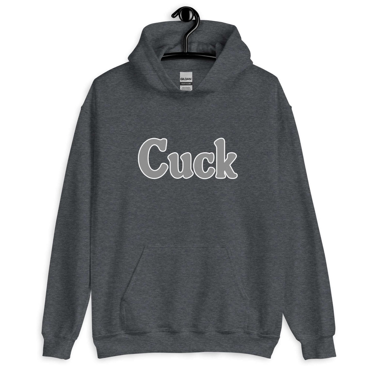 Dark heather grey hoodie sweatshirt with the word Cuck printed on the front in grey.