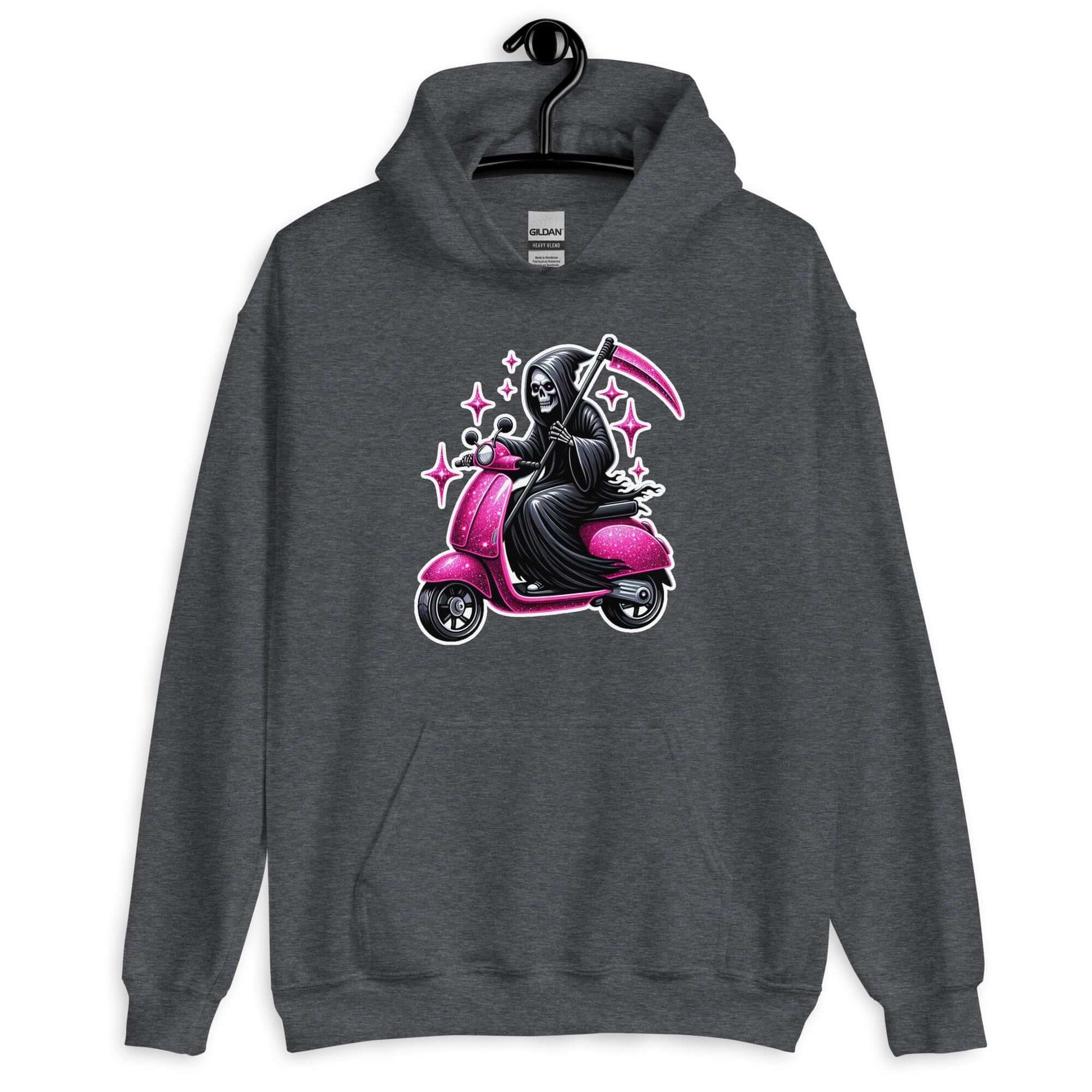 Dark heather grey hoodie sweatshirt with funny image of the Grim Reaper riding on a glam pink scooter printed on the front.